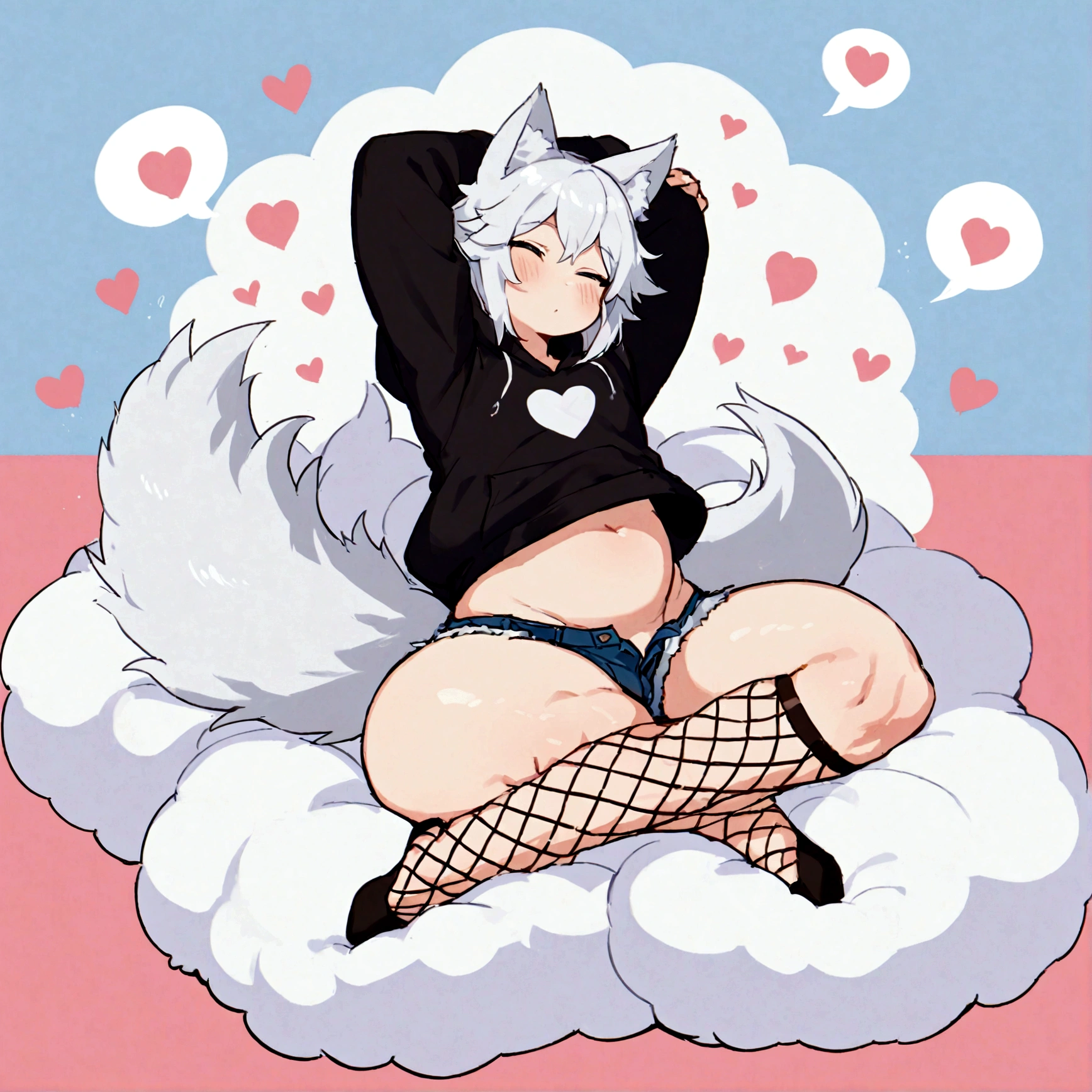a cute adult male with wolf ears, white hair, has a wolf tail, wearing a loose cropped oversized black hoodie, wearing a pair of denim short shorts and fishnet stockings, thick thighs, wide hips, relaxing on mound of fluffy plushies, short, very slim, showing slender tummy, stretching out, heart on hoodie, squishy thighs