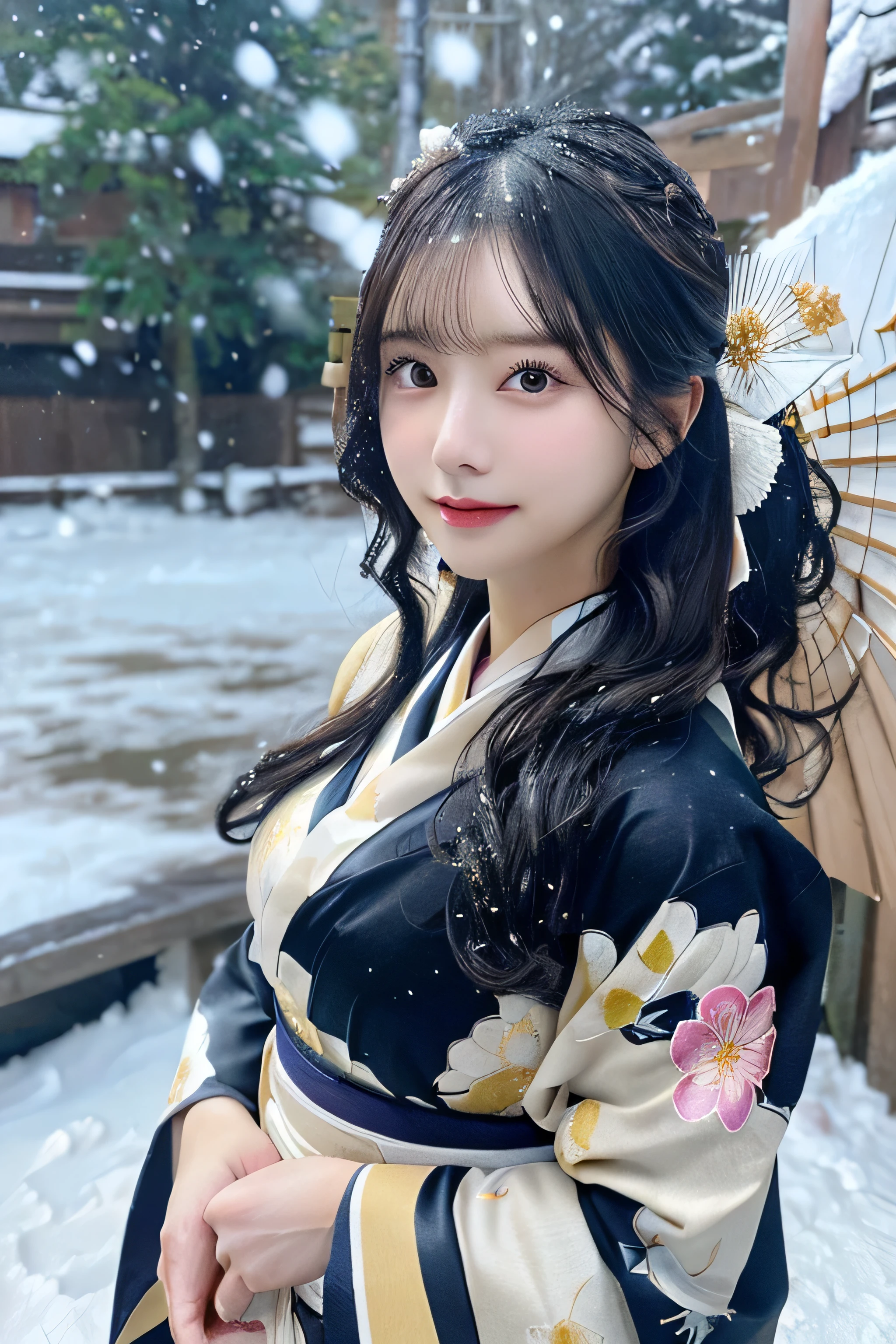 (Kawaii Kimono:1.3)、、(top-quality,​masterpiece:1.3,超A high resolution,),(ultra-detailliert,Caustics),(Photorealsitic:1.4,RAW shooting,)Ultra-realistic capture,A highly detailed,high-definition16Kfor human skin、 Skin texture is natural、、The skin looks healthy with an even tone、 Use natural light and color,One Woman,japanes,,kawaii,A dark-haired,Middle hair,(depth of fields、chromatic abberation、、Wide range of lighting、Natural Shading、)、、(Falling snow:1.3)、(Hair swaying in the wind:1.3)、(Snow reflects light:1.3)  、(Large Breasts:1.3)、