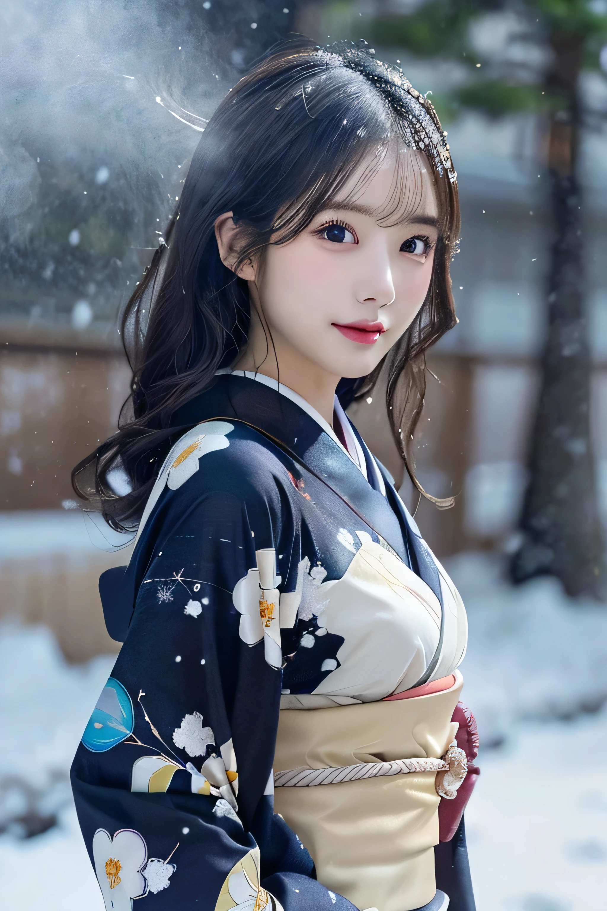 (Kawaii Kimono:1.3)、、(top-quality,​masterpiece:1.3,超A high resolution,),(ultra-detailliert,Caustics),(Photorealsitic:1.4,RAW shooting,)Ultra-realistic capture,A highly detailed,high-definition16Kfor human skin、 Skin texture is natural、、The skin looks healthy with an even tone、 Use natural light and color,One Woman,japanes,,kawaii,A dark-haired,Middle hair,(depth of fields、chromatic abberation、、Wide range of lighting、Natural Shading、)、、(Falling snow:1.3)、(Hair swaying in the wind:1.3)、(Snow reflects light:1.3)  、(Large Breasts:1.3)、
