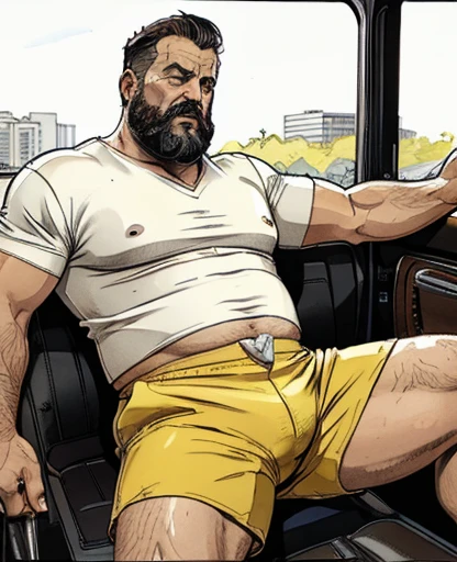old , He is a truck driver he is sitting in the car seat with the door open wearing only red or white or yellow swim trunks he is caressing himself with his hands down touching his crotch he is very sweaty feeling very horny and pleasure, masturbation in the car, masutepiece,High quality,Highly detailed,intense scene, solid, Gritty reality setting for 50 year old sexy fat bearded man,full of sweat,Full body,Big belly,((Wearing a white shirt and white trunks)),Stunned face,Open the legs,In the darkness, view from below, masutepiece,High quality,Highly detailed,intense scene, solid, Gritty reality setting for 50 year old sexy fat bearded man,full of sweat,Full body,Big belly,((Wearing a white shirt and white trunks)),Stunned face,Open the legs,In the darkness, 60-year-old truck drivers kissing, boca na boca, olhos fechados apaixonados, corpos gordos, full-bodied truck driver on the left, wearing a messy mustache and wavy hair, White stubble and truck driver, usando apenas sunga amarela ou branco ou vermelho camiseta desabotoado camiseta aberta , No meio, vestindo uma camisa xadrez vermelha aberta, corpo grande, forte, barriga robusta vestindo shorts verdes, cabelo cortado nas laterais e cravado por cima, Truck driver on the right has a fat body and a very hairy chest of very large body; Black pants with hairy stomach open at bottom, a huge red and black road truck ((( em um beijo apaixonado))), (((peitoral muito peludo))), tatuados, (((barriga grande))), (rosto detalhado:1.3), (hyper-realistic:1.3), (((fabrica abandonada e suja))), 8k, fotografia de Corpo completo imagem de corpo inteiro