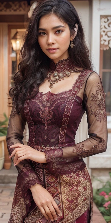 A beautiful Javanese girl with black wavy hair, wearing a maroon color transparent lace kebaya and a ginger color skirt with a geometric pattern, Chandelier earrings, standing tall with a slight smile, in front of a Mediterranean house, (best quality,4k,8k,highres,masterpiece:1.2),ultra-detailed,(realistic,photorealistic,photo-realistic:1.37),extremely detailed eyes and face,beautiful detailed eyes,beautiful detailed lips,longeyelashes,intricate pattern on dress,detailed geometric skirt pattern,architectural details of mediterranean house,dramatic lighting,vivid colors,soft focus