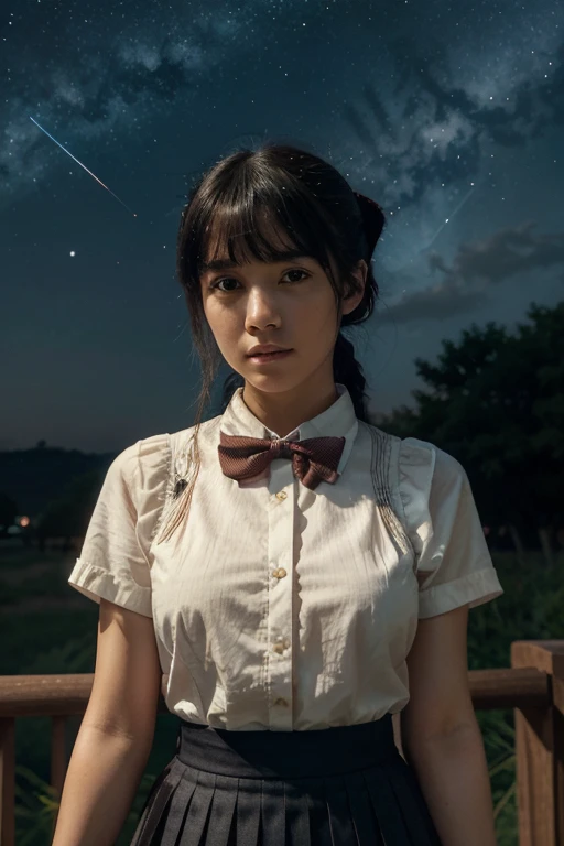 ltra-detailed,highly detailed,best quality,masterpiece,illustration,realistic,
miyamizu mitsuha, 1girl, solo,looking at viewer,upper body, 
black hair, ponytail, short hair,bangs, 
, hair ribbon,bowtie,short sleeves, collared shirt, pleated skirt, 
outdoors, night sky, starry sky, shooting star, 
