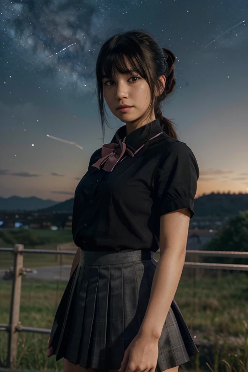 ltra-detailed,highly detailed,best quality,masterpiece,illustration,realistic,
miyamizu mitsuha, 1girl, solo,looking at viewer,upper body,
black hair, ponytail, short hair,bangs,
, hair ribbon,bowtie,short sleeves, collared shirt, pleated skirt,
outdoors, night sky, starry sky, shooting star,