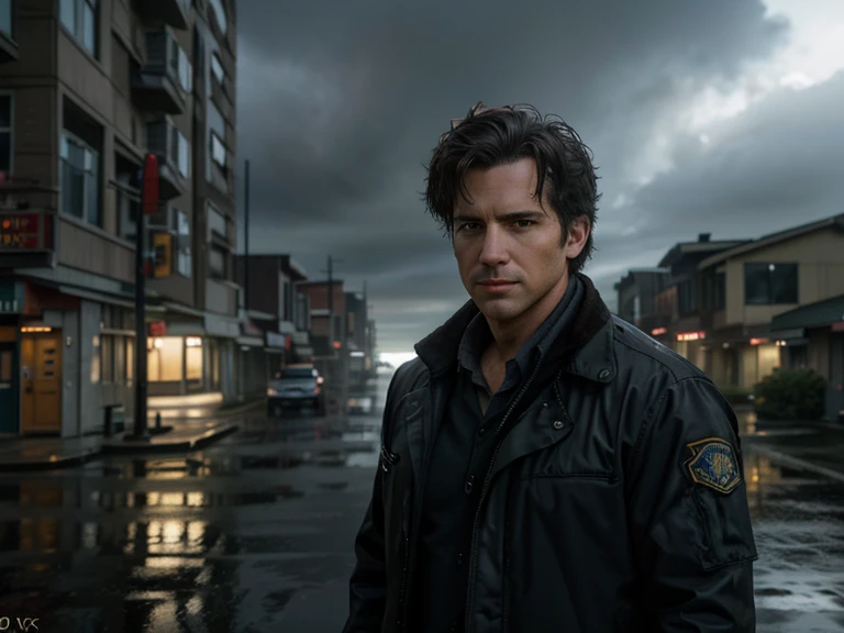 man. slightly disheveled with minimal stubble, fbi agent suit, looking for clues in debris, pacific northwestern town, (best quality,4k,8k,highres,masterpiece:1.2),ultra-detailed,(realistic,photorealistic,photo-realistic:1.37),cinematic lighting,dramatic shadows,moody atmosphere,detailed environment,cinematic camera angle,gritty,suspenseful,mystery,detective,spy,urban setting,pacific northwest,rainy day,overcast sky, no words