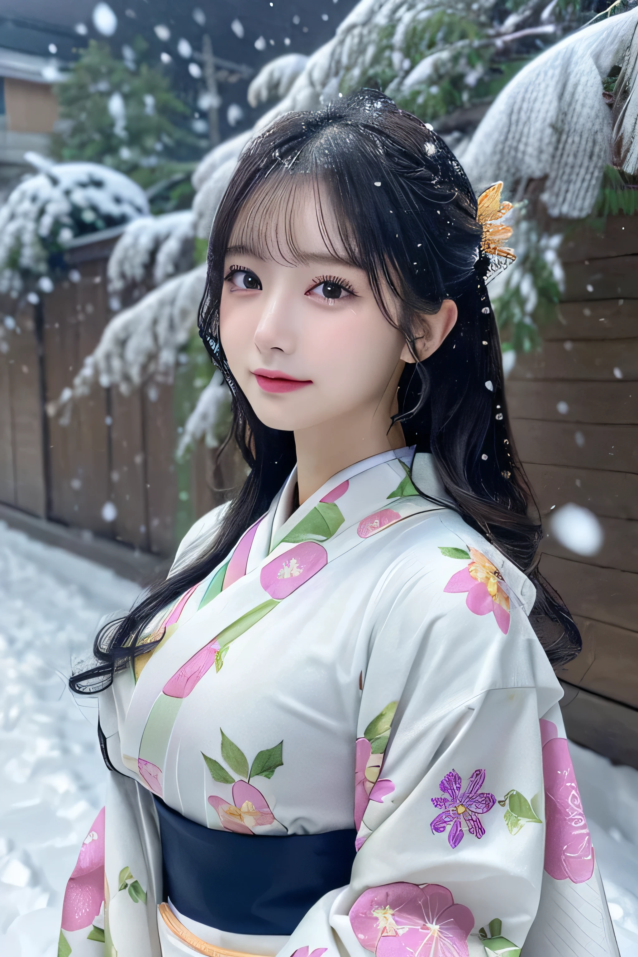 (Kawaii Kimono:1.3)、、(top-quality,​masterpiece:1.3,超A high resolution,),(ultra-detailliert,Caustics),(Photorealsitic:1.4,RAW shooting,)Ultra-realistic capture,A highly detailed,high-definition16Kfor human skin、 Skin texture is natural、、The skin looks healthy with an even tone、 Use natural light and color,One Woman,japanes,,kawaii,A dark-haired,Middle hair,(depth of fields、chromatic abberation、、Wide range of lighting、Natural Shading、)、、(Falling snow:1.3)、(Hair swaying in the wind:1.3)、(Snow reflects light:1.3)  、(Large :1.3)、