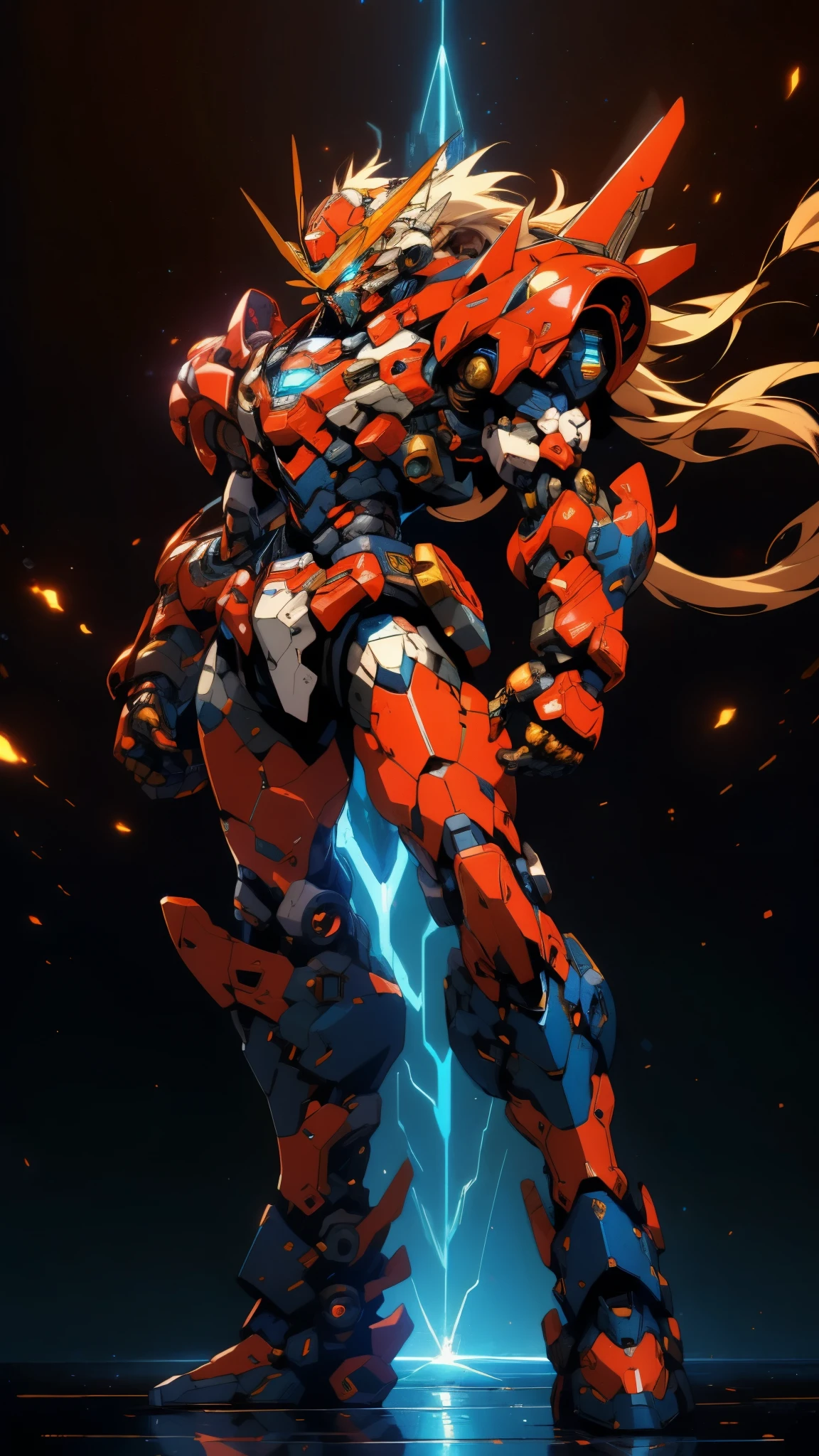 Humanoid Mecha, fully enclosed shoulder guards, matching arm and leg guards, full body, full armor, super robot, the design balances heavy with agility, (the color scheme is primarily white with red and blue accents, the concept Inspired by super robot, Lion concept chest armor, pose, standing, floating high above the futuristic sci-fi city), exquisite and mature art style, (aura effect, energy, glowing eyes, the armor glows), ((SRS)), metallic, dramatic, high definition, best quality, highres, ultra-detailed, ultra-fine painting, extremely delicate, professional, perfect body proportions, anatomically correct, symmetrical face, extremely detailed eyes and face, high quality eyes, creativity, RAW photo, UHD, 32k, Natural light, cinematic lighting, masterpiece-anatomy-perfect, masterpiece:1.5