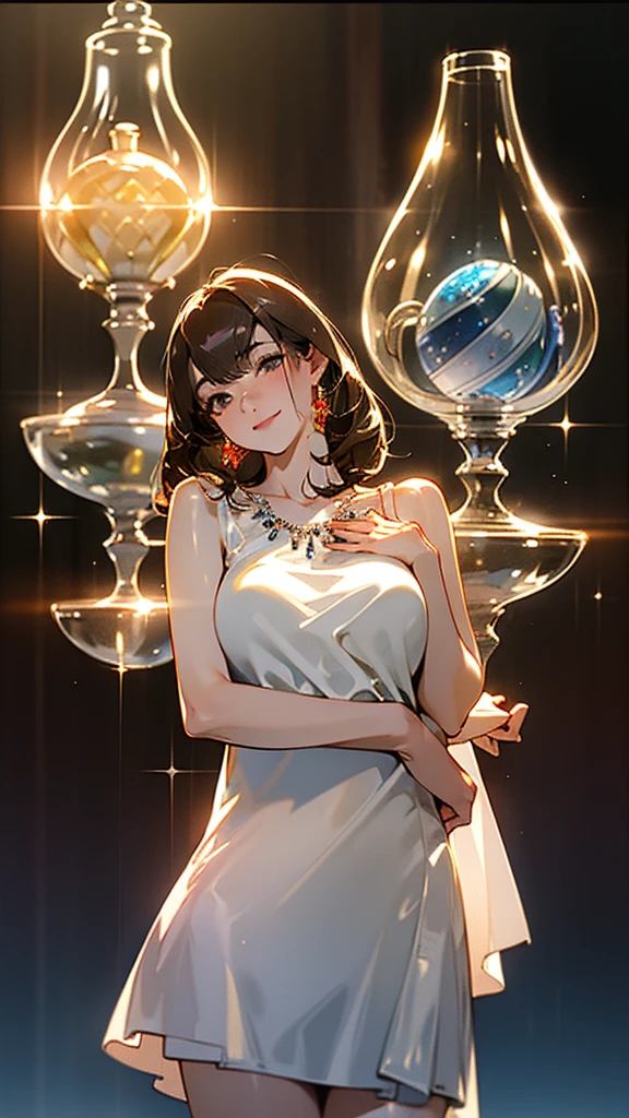 1 japanese girl,(Shiny night dress:1.4),(Bursting huge breasts:1.4)、 (Raw photo, Best Quality), (Realistic, Photorealsitic:1.4), masterpiece, extremely delicate and beautiful, Extremely detailed, 8k wallpaper, amazing, finely detail, extremely detailed CG Unity, hight resolution, Soft light, Beautiful detailed 17 year old girl, extremely detailed eye and face, beautiful detailed nose, Beautiful detailed eyes,Cinematic lighting,city light at night,Perfect Anatomy,Model body,Smiling, (hair messy, asymmetrical bangs, light brown hair,),Cowboy Shot、Gorgeous earrings、Gorgeous necklace、HOURGLASS_body、Model pose:1.5