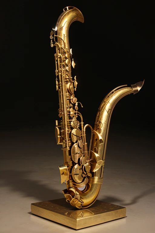 saxophone sculpture made of scrap metal, tornillos tuercas, eggs and brass