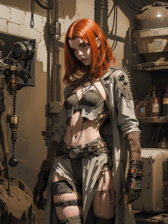 (((mulher))), (((melhor qualidade))), (((obra prima))), (((adulto))), (((1girl))), ((( corte de cabelo bob ))), A highly detailed and realistic skull girl,( Anya. Taylor Joy) cyberpunk character, mad max furiosa, one hand robot, cyborg arm, orange hair, dramatic metal heavy rock theme, best quality, 8k, hyperrealistic, photorealistic, extreme detailed painting, studio lighting, vivid colors, dark moody atmosphere, cinematic, dramatic pose, intricate mechanical details, glowing energy effects, intense gritty textures, seamless integration of organic and inorganic elements. Wearing the used clothes of a wastelander. Background: An apocalyptic wasteland. Dusty and depressing., sexy pose, walking