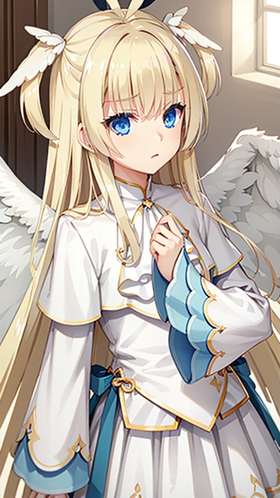 A majestic girl,Blonde hair with blue eyes,Holy angels,Holy White Wings,masterpiece,Ultra-high quality,White coat,The light of God,The Judgment of the Undying Light,Cruise in the abyss of light