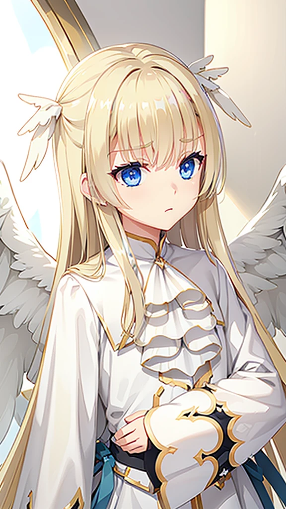 A majestic girl，Blonde hair with blue eyes，Holy angels，Holy White Wings，masterpiece，Ultra-high quality，White coat，The light of God，The Judgment of the Undying Light，Cruise in the abyss of light