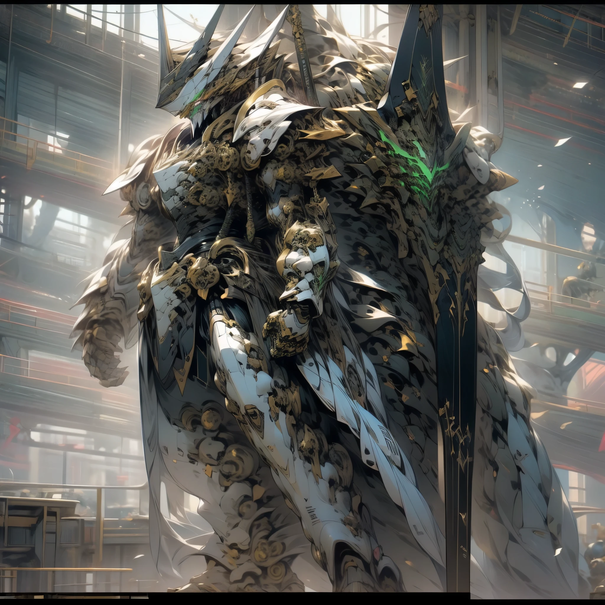 masterpiece, best quality, ultra—detailed, sharp focus,
Mamoru Nagano Style, Five Star Story, Mortar Headd, Heavy Metal, L-Gaim, Mirage knight, mecha, no_humans, green color,
Medieval armor style, cool robot:1.3, big headpiece, Large shoulders, skirt, wide hem, big feet:1.7, pointed toes, extremely thin waist:1.3, large pointed vertical shield, height 16 meters, model standing, background white:1.3, cinematic lighting,