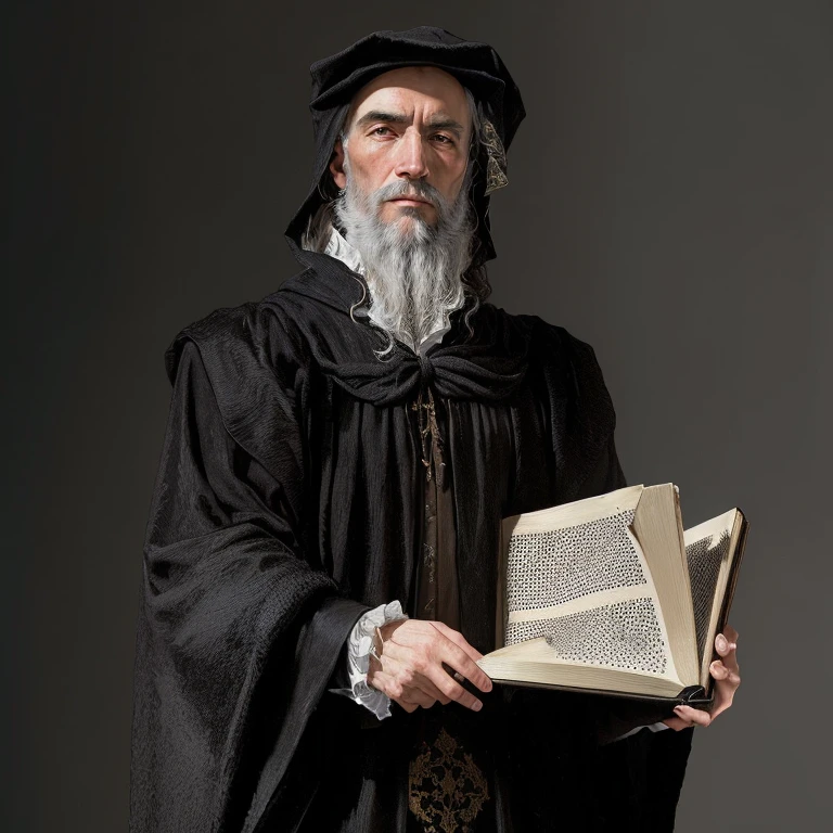 sharp man in black robe holding a book and wearing a hat, robed renaissance estudioso, por Aertgen van Leyden, retrato do professor sinistro, inspirado em Giovanni Bernardino Asoleni, from an ancient 16th century, por Adriaen Hanneman, autor desconhecido, estudioso, Formas de Johannes, inspirado em Giovanni Bernardino Azzolini