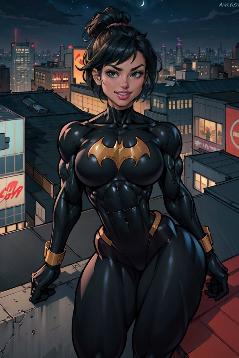 (masterpiece, best quality),1girl, solo, cassandra cain, batgirl suit, black pants, black hair, brown eyes, smile,
akihabara city, of the dead,  night,  from above, STANDING rooftop, neon sign, game center,(masterpiece:1.2), (best quality:1.2), perfect eyes, perfect face, volumetric lighting, abs, (muscular, wide hips, thick thighs, small breasts:1.3), (upper body view), three quarter view, close up