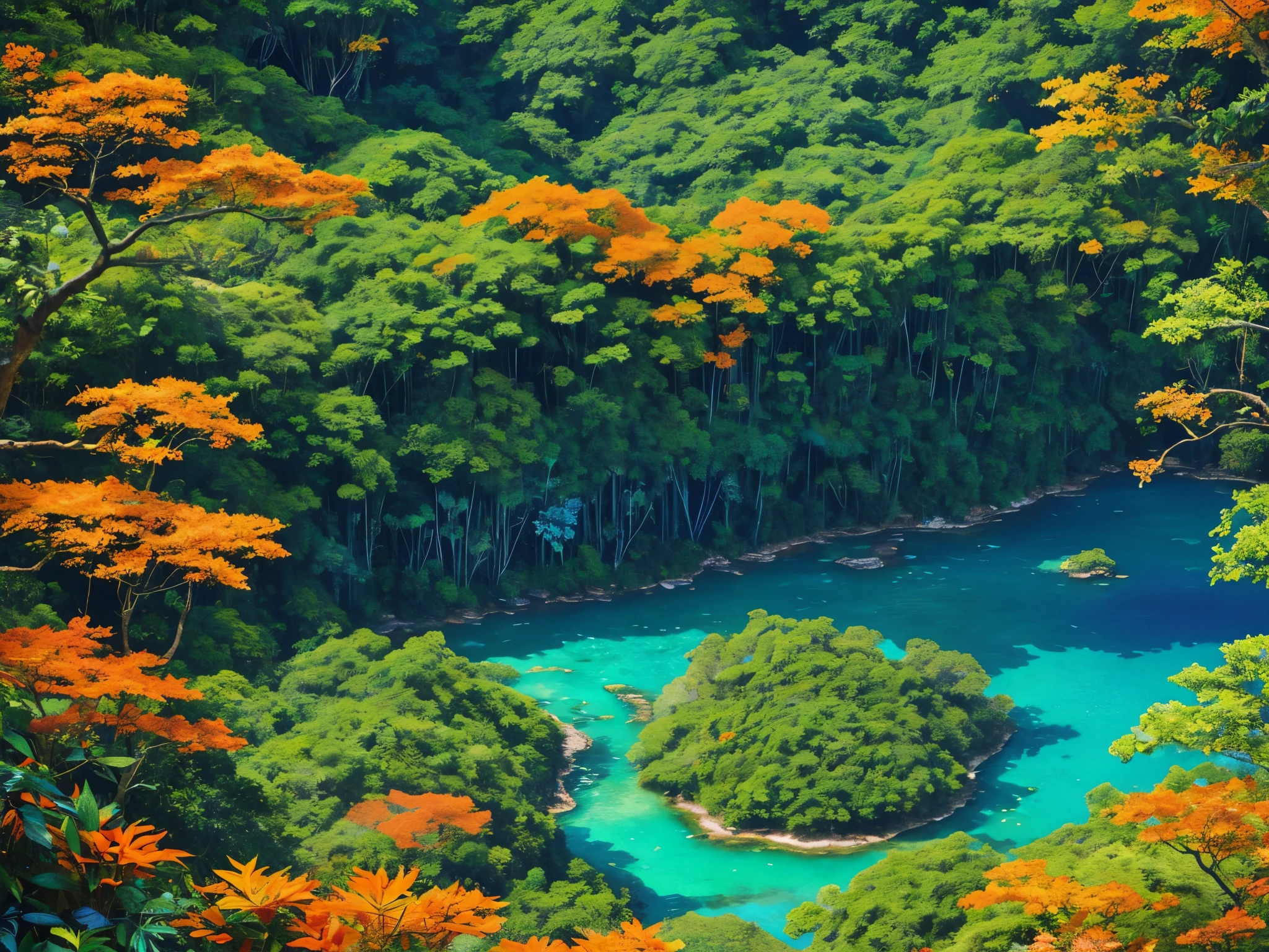 a fantasy jungle painted in a kaleidoscope of colors. From your bird's-eye perspective, describe the lush expanse below, where emerald green treetops mingle with sapphire-blue rivers, and fiery orange blossoms burst forth like flames amidst the jade foliage.