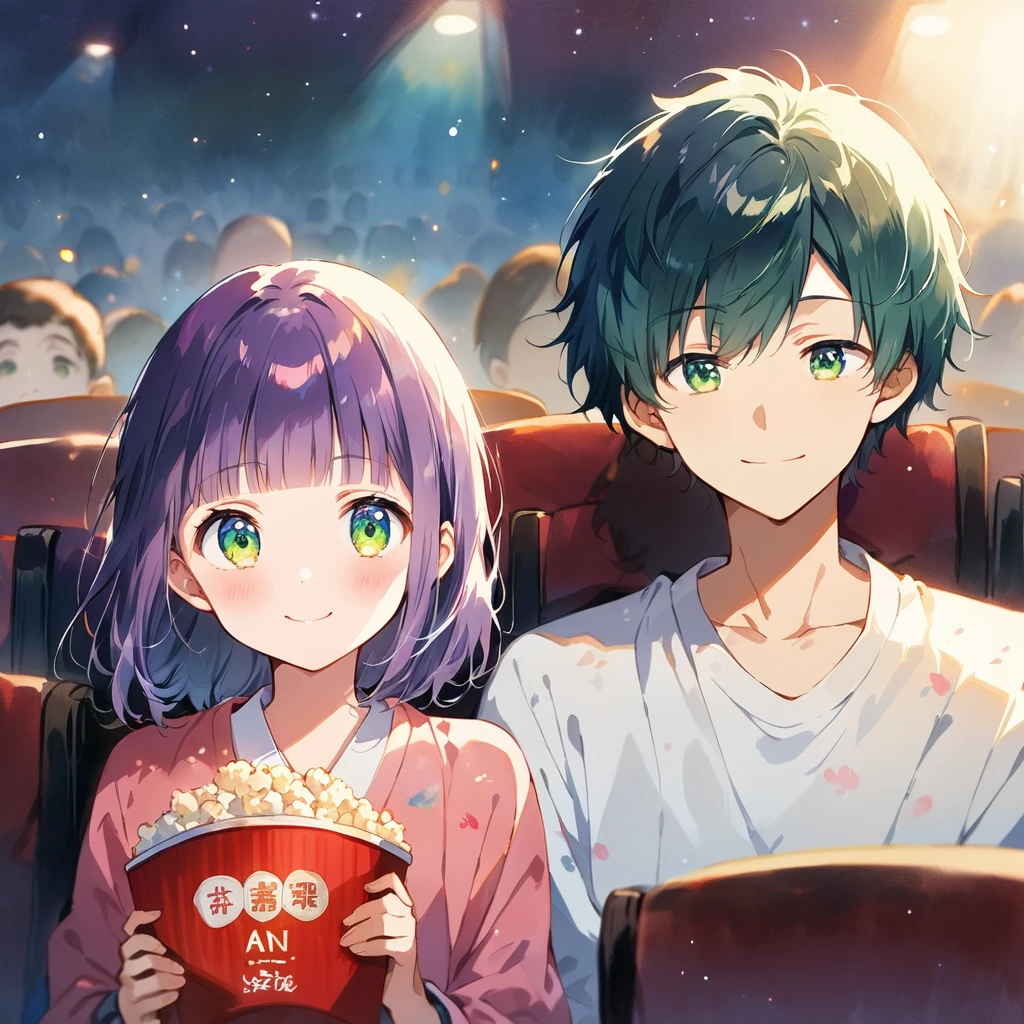 (masterpiece:1.3), anime visual, extremely delicate face, soft clean focus, realistic lighting and shading, (an extremely delicate and beautiful art:1.3), 1 girl and 1 man,
1 cute girl, years olskinny body shape,short of a person,cute face,big eyes,smiling,blue purpl wavy and blunt bangs hair,thistle hair,green eyes,from front,watercolor painting,Japanese,
1 man, 25 years old, skinny body shape,tall,cool,smiling,from front,watercolor painting,japanese,two shot,They are standing side by side,Movie theater, two people watching an animated movie, holding containers of popcorn,