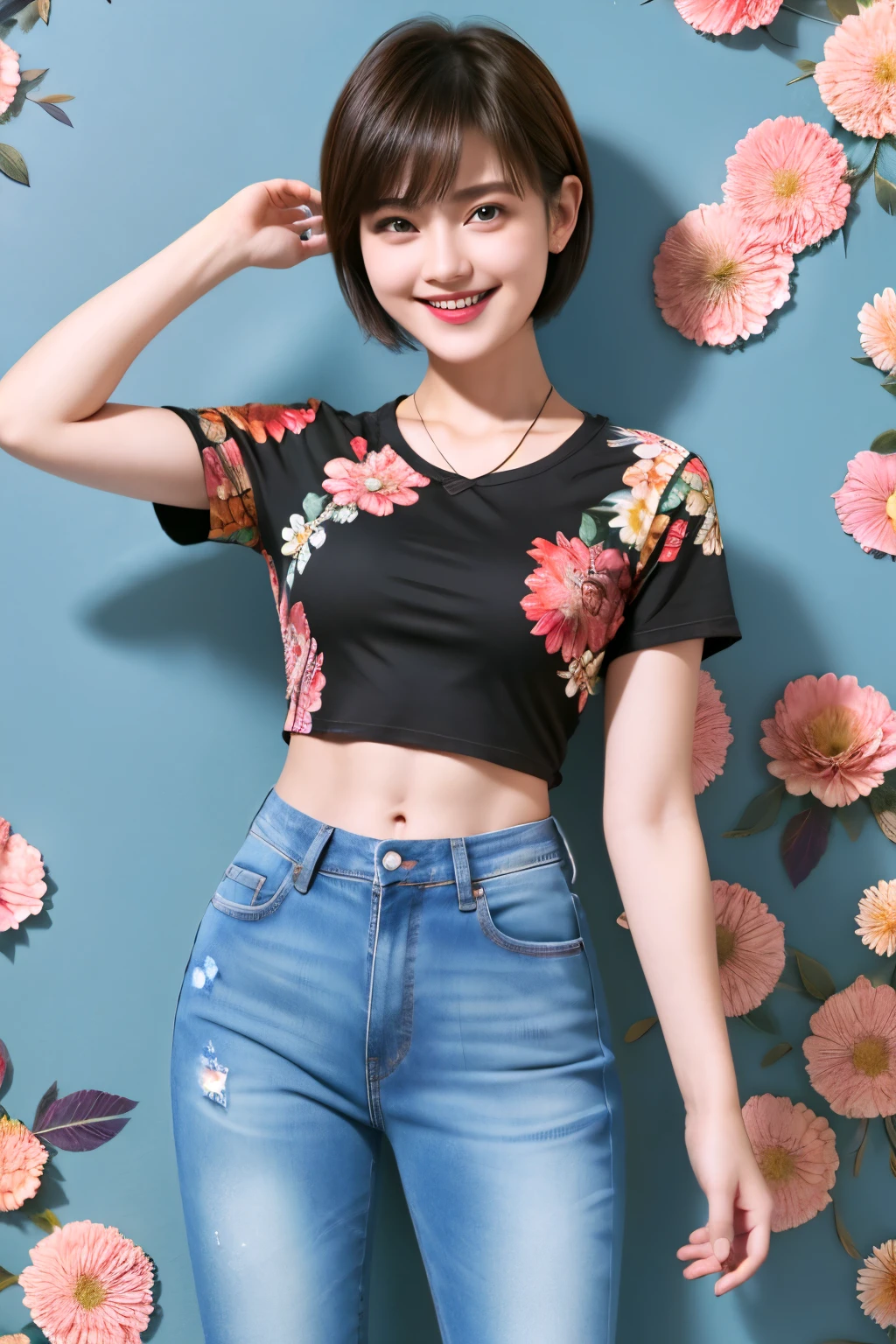 238 18-year-old female, short hair, (Jeans andＴ-shirt), A kind smile, lipstick, Abdominal muscles, (Floral Background、Fractal Patterns)