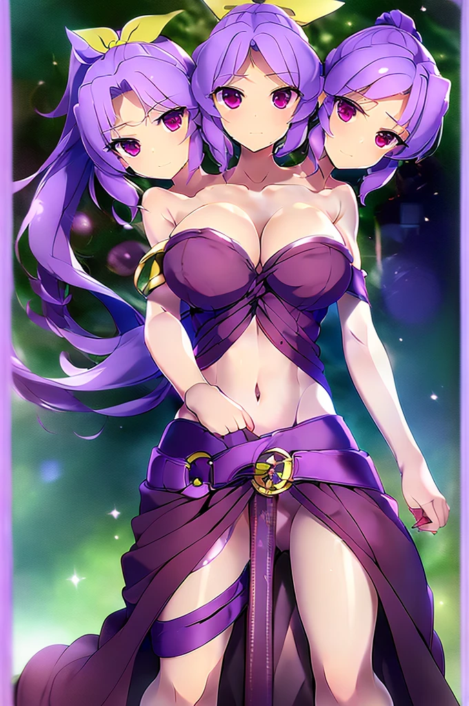 (masterpiece, best quality), best quality, (ultra-detailed), (3heads:1.5), 1girl, (watatsuki no yorihime:1.3), masterpiece, best quality, ultra quality, ultra resolution, ultra detail, dark red top, small crop top, ((stomach)), midriff, ((groin)), open midriff, dark red skirt, miniskirt, normal ears, shackles, light purple hair, tied into a ponytail, very long hair, wavy hair, sidelocks, purple eyes, parted lips, sweat, cute, open belly, toned belly, hand on own chest, eyelashes, (24 year old woman:1.3), (masterpiece:1.5), (best quality:1.5), (beautiful detailed), extremely detailed CG, extremely delicate and beautiful, depth of field, (finely detailed face), (perfect details:1.2), (mature female:1.3), wide pelvis, slender, large veiny breast, 16k resolution, highres, very high quality, very high definition, extremely detailed, masterpiece, light purple hair, long hair, alluring presence, braid, short skirt, close up, big tits, young, white bonnet, red bow, open belly, midriff, nsfw,