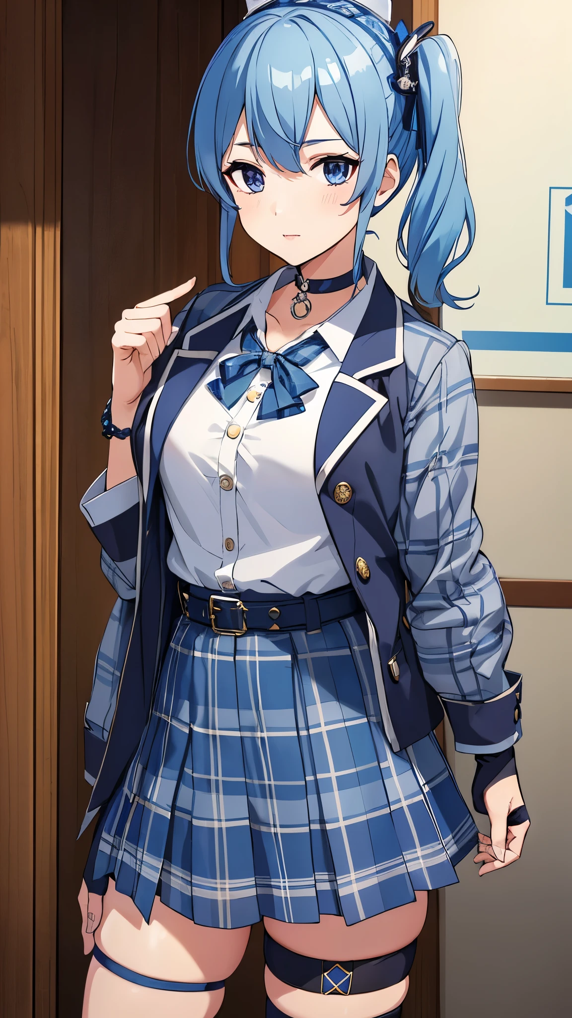 (1GIRL, SOLO, SIDE PONYTAIL, HOSHIMACHI SUISEI, FINGERLESS GLOVES, SINGLE THIGHHIGH, JEWELRY, THIGH STRAP, BRACELET, BUTTONS, PLAID DRESS, BLUE CHOKER, BLUE BELT, PLAID SKIRT, MINI CROWN, GREY SKIRT, BLUE ASCOT, LONG SLEEVES, PLAID JACKET)