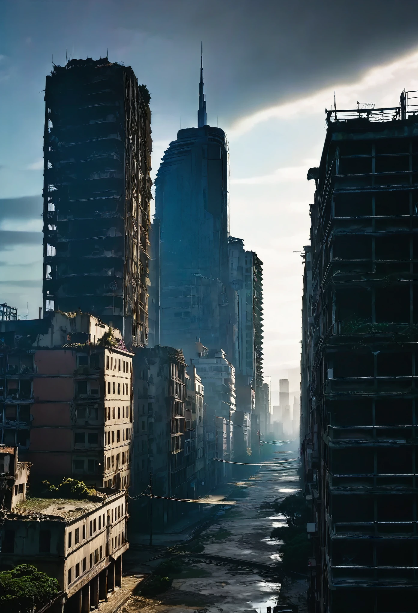 image of the view of a winding HORIZONTAL bridge between a tall tower in the center of a post-apocalyptic American CITY and another building, vision of the entire dark CITY, there is a reinforced concrete walkway connecting two buildings on the horizon, tem muitos cabos de energia pendurados na ponte E POSTES DE ILUMINACAO APAGADOS, fios de alta tensao caindo da ponte, THE CITY HAS BUILDINGS IN RUINS on the horizon, DIRTY AND TALL BUILDINGS ON THE SKYLINE AND EVERYWHERE, has smoky structures, carros abandonados nas ruas, megalopolis, tall buildings BROKEN IN HALF and collapsing to the ground, many destroyed buildings around, sol da tarde, gray and dark sky, dark night in the sky, CHUVA, TEM UMA GAROTA VESTIDA COM CAPUZ ANDANDO NA RUA, as realistic as possible, As detailed as possible, as realistic as possible, ultra realismo