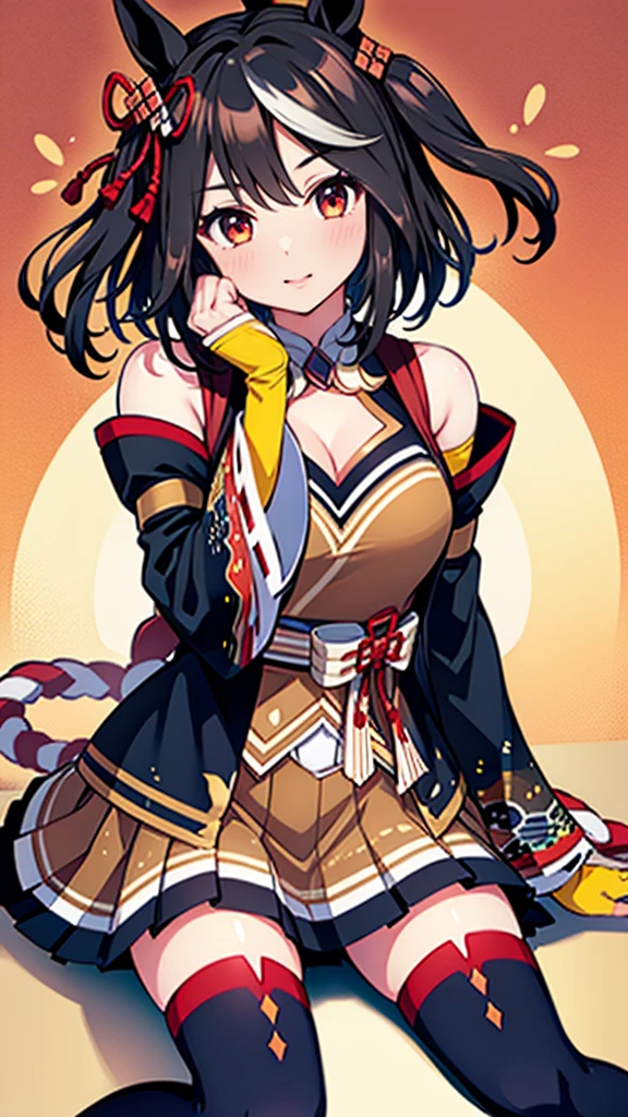 masterpiece, (best quality), hyper detailed, good anatomy, illustration, highres, detailed background, high resolution , sfw, 1girl, solo, looking at viewer, light smile, blush, , hair ribbon, hair ornament , hair ribbon, hair ornament, fingerless gloves, yellow gloves, japanese clothes, long sleeves, wide sleeves, detached sleeves, bare shoulders, clothing cutout, cleavage cutout, kouhaku nawa, brown skirt, pleated skirt, zettai ryouiki, black thighhighs , sitting, ,kitasan black \(umamusume\)