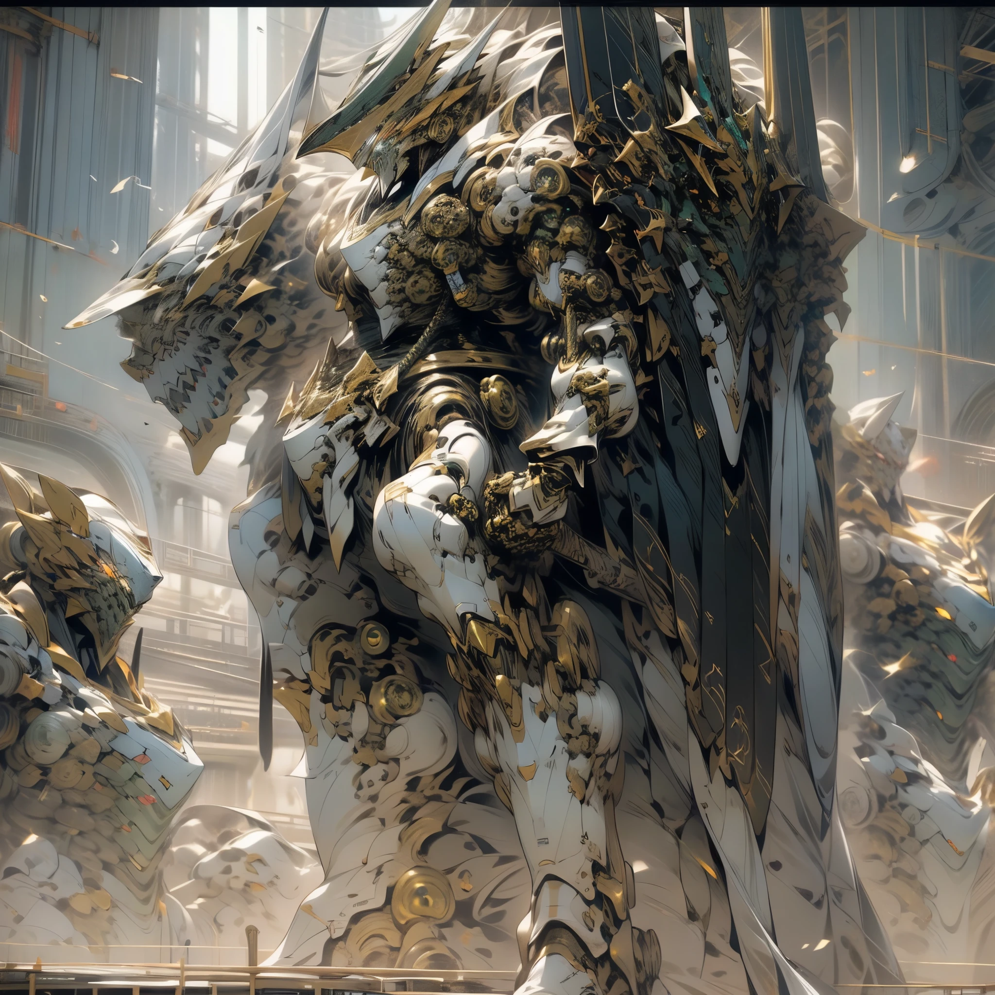 masterpiece, best quality, ultra—detailed, sharp focus,
Mamoru Nagano Style, Five Star Story, Mortar Headd, Heavy Metal, L-Gaim, Mirage knight, mecha, no_humans, green color,
Medieval armor style, cool robot:1.3, big headpiece, Large shoulders, skirt, wide hem, big feet:1.7, pointed toes, extremely thin waist:1.3, large pointed vertical shield, height 16 meters, model standing, background white:1.3, cinematic lighting,