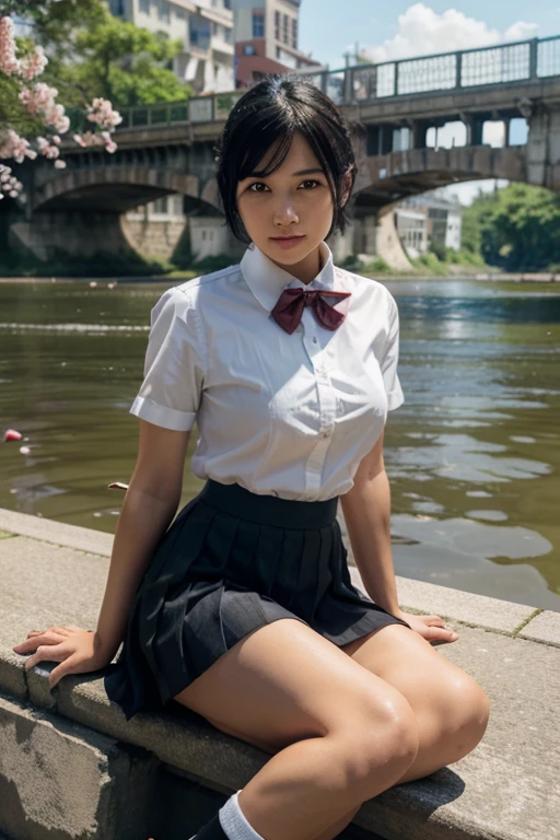 ltra-detailed,highly detailed,best quality,masterpiece,illustration,realistic,
miyamizu mitsuha, 1girl, solo,
black hair, ponytail, short hair,
, hair ribbon,bowtie,short sleeves, collared shirt, pleated skirt, socks, loafers,
sitting,looking at viewer,
outdoors, water, river, sky, bridge, city, cityscape, wind,parted lips, falling petals,