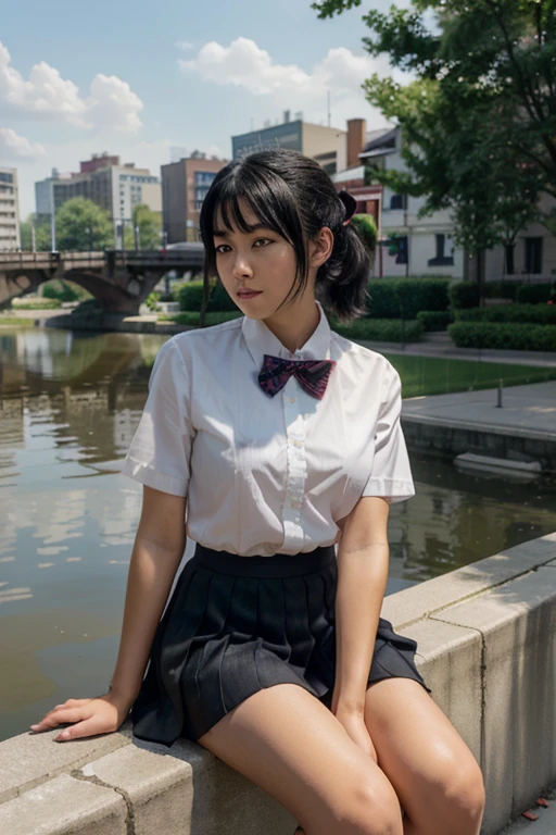 ltra-detailed,highly detailed,best quality,masterpiece,illustration,realistic,
miyamizu mitsuha, 1girl, solo,
black hair, ponytail, short hair,
, hair ribbon,bowtie,short sleeves, collared shirt, pleated skirt, socks, loafers,
sitting,looking at viewer,
outdoors, water, river, sky, bridge, city, cityscape, wind,parted lips, falling petals,