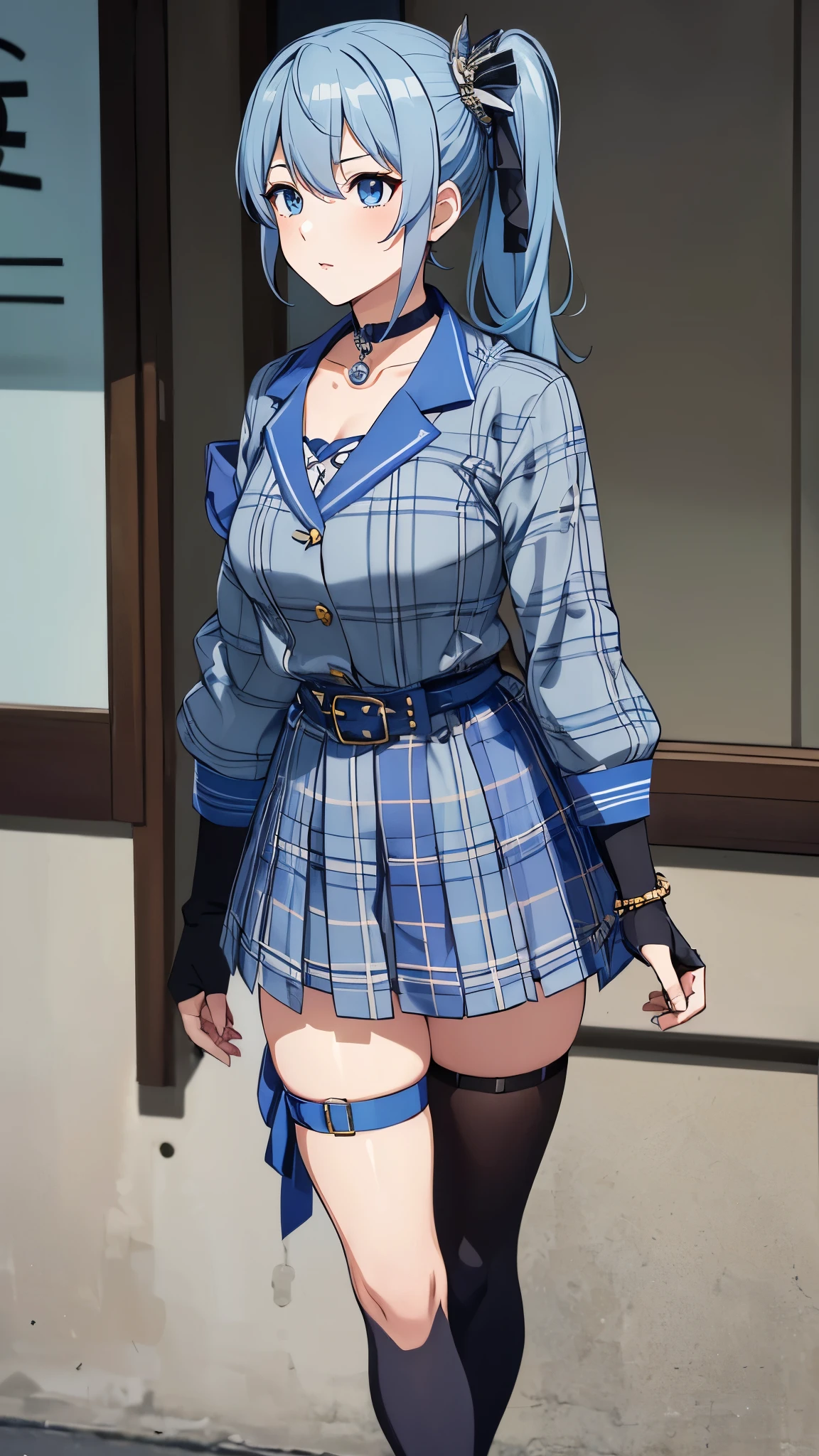 (1GIRL, SOLO, SIDE PONYTAIL, HOSHIMACHI SUISEI, FINGERLESS GLOVES, SINGLE THIGHHIGH, JEWELRY, THIGH STRAP, BRACELET, BUTTONS, PLAID DRESS, BLUE CHOKER, BLUE BELT, PLAID SKIRT, MINI CROWN, GREY SKIRT, BLUE ASCOT, LONG SLEEVES, PLAID JACKET)