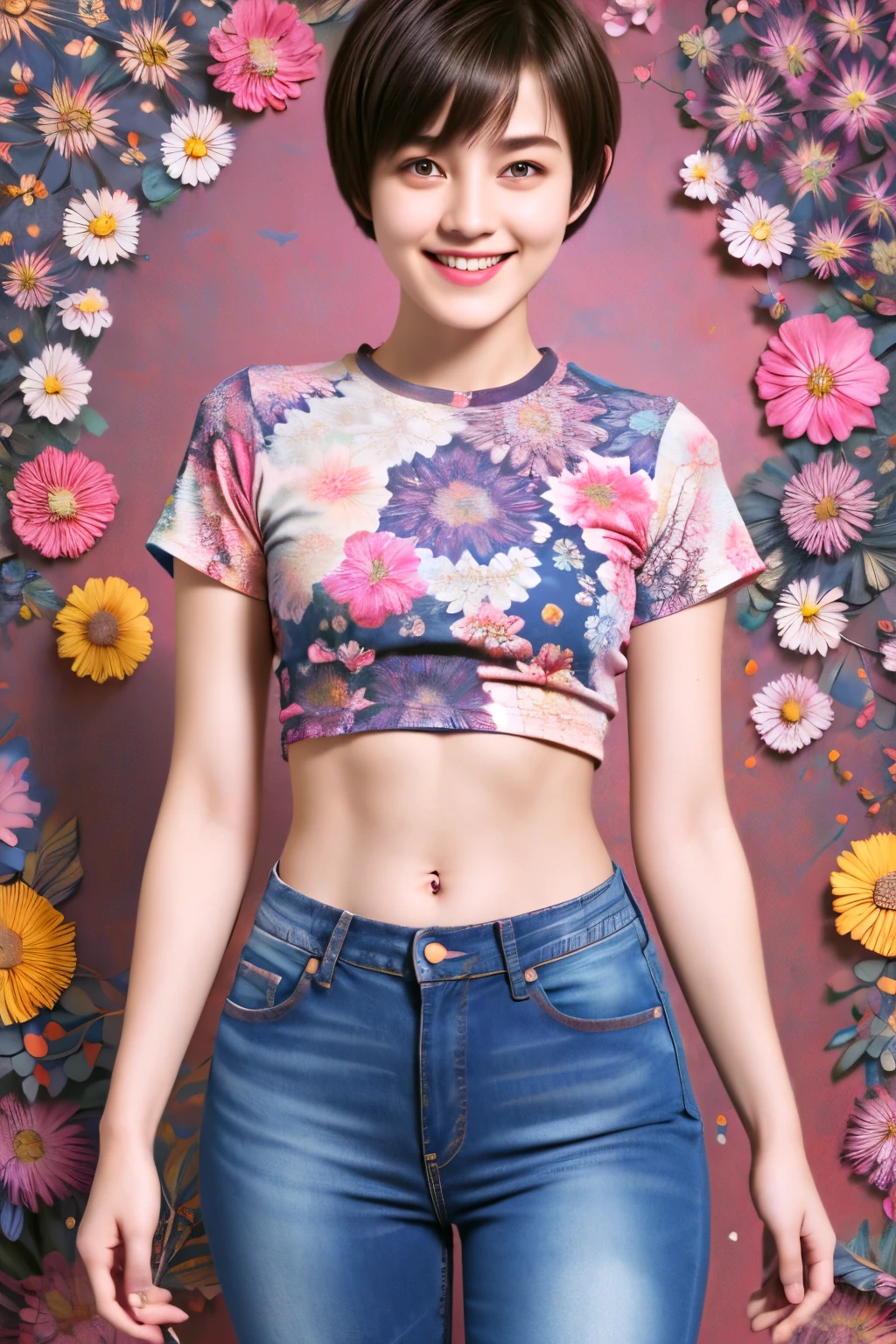 238 18-year-old female, short hair, (Jeans andＴ-shirt), A kind smile, lipstick, Abdominal muscles, (Floral Background、Fractal Patterns)