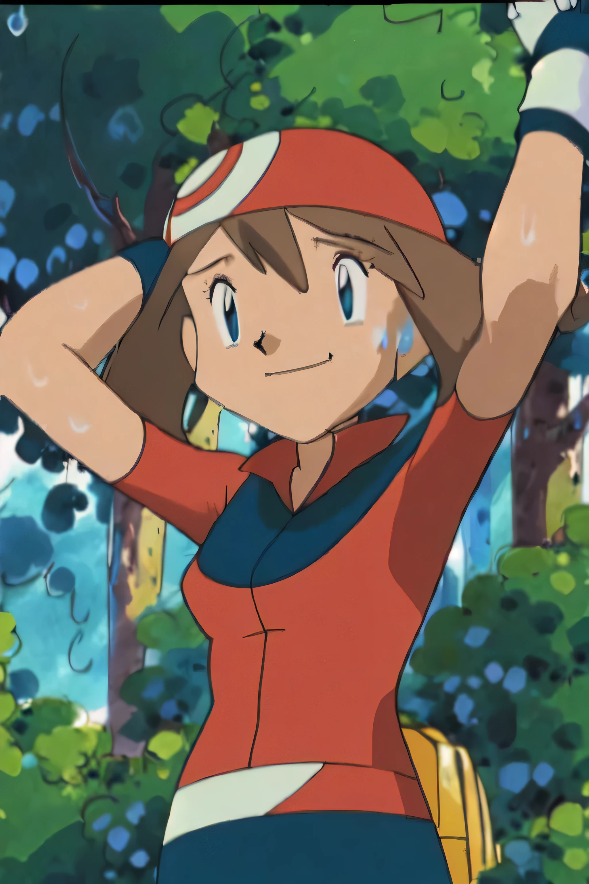 May, sleeveless,red top,sweating,smiling,forest in background, village, blue sky, high quality, masterpiece mature appearance,armpits,sweat,sweaty,sweaty armpits,arms up,showing armpits,awesome armpits,outfit,blackish red arm warmers,maroon arm bands, maroon arm warmers,both arms raised