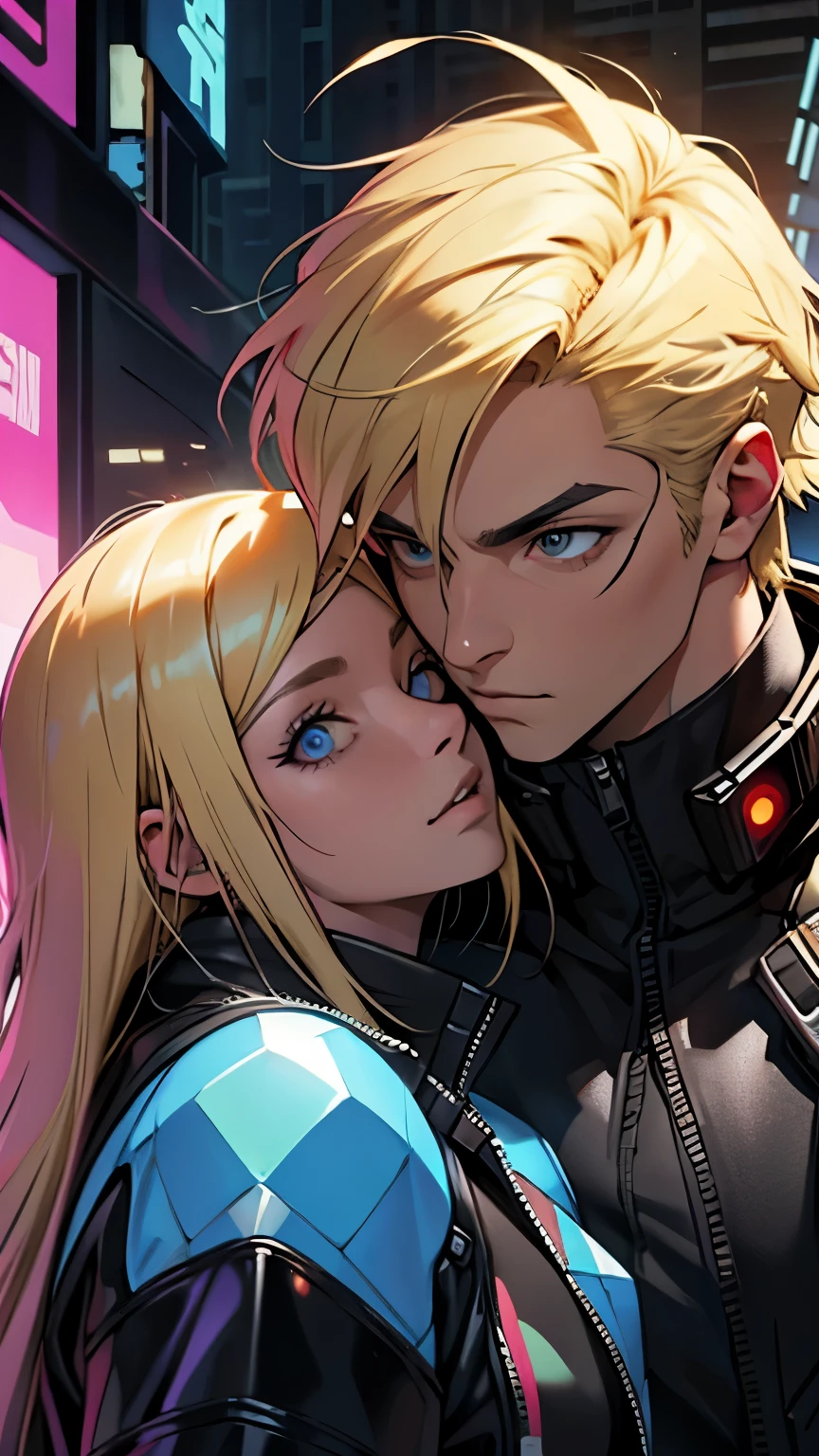 Cyberpunk,Musicians,cabelo ruivo com corte bob mulher,big drooping eyes,lente grande angular,expressivo,Olho para cima,holograma a laser,Jaqueta com capuz,todo o corpo, um casal se beijando. Ela de cabelo loiro longo e de vestido. He has straight blonde hair combed back.