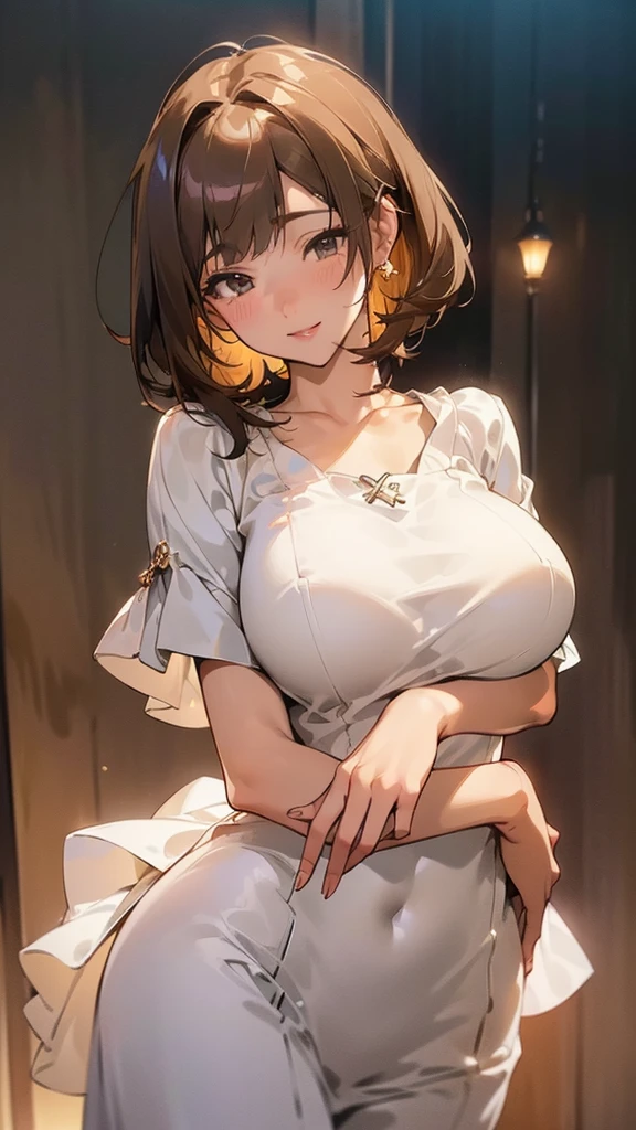 1 japanese girl,(Shiny night dress:1.4),(Bursting huge breasts:1.4)、 (Raw photo, Best Quality), (Realistic, Photorealsitic:1.4), masterpiece, extremely delicate and beautiful, Extremely detailed, 8k wallpaper, amazing, finely detail, extremely detailed CG Unity, hight resolution, Soft light, Beautiful detailed 17 year old girl, extremely detailed eye and face, beautiful detailed nose, Beautiful detailed eyes,Cinematic lighting,city light at night,Perfect Anatomy,Model body,Smiling, (hair messy, asymmetrical bangs, light brown hair,),Cowboy Shot、Gorgeous earrings、Gorgeous necklace、HOURGLASS_body、Model pose:1.5