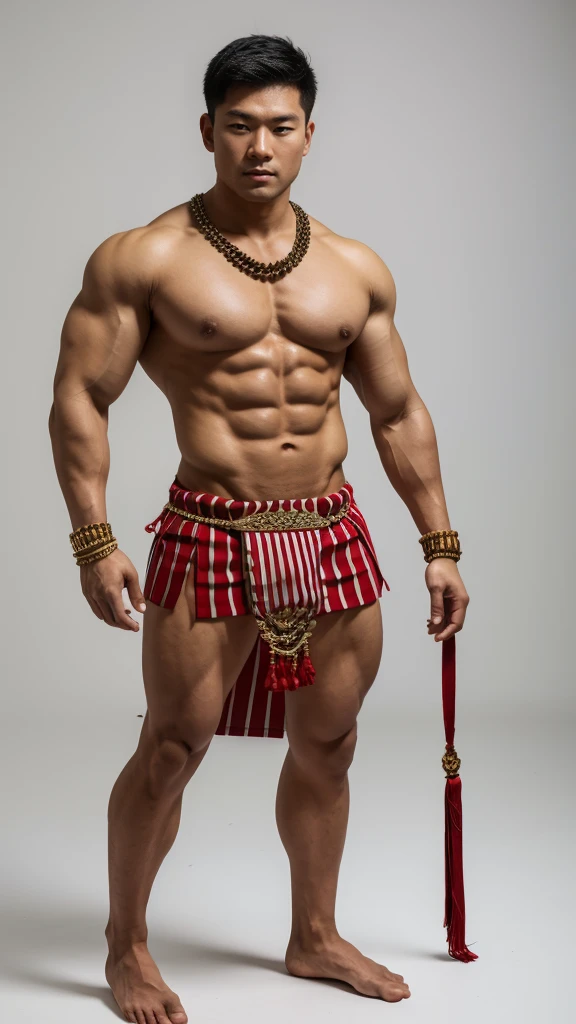 A muscular Asian male figure full body wearing a red striped loincloth or skirt, with various accessories and jewelry. The background is plain, allowing the focus to be on the detailed character design