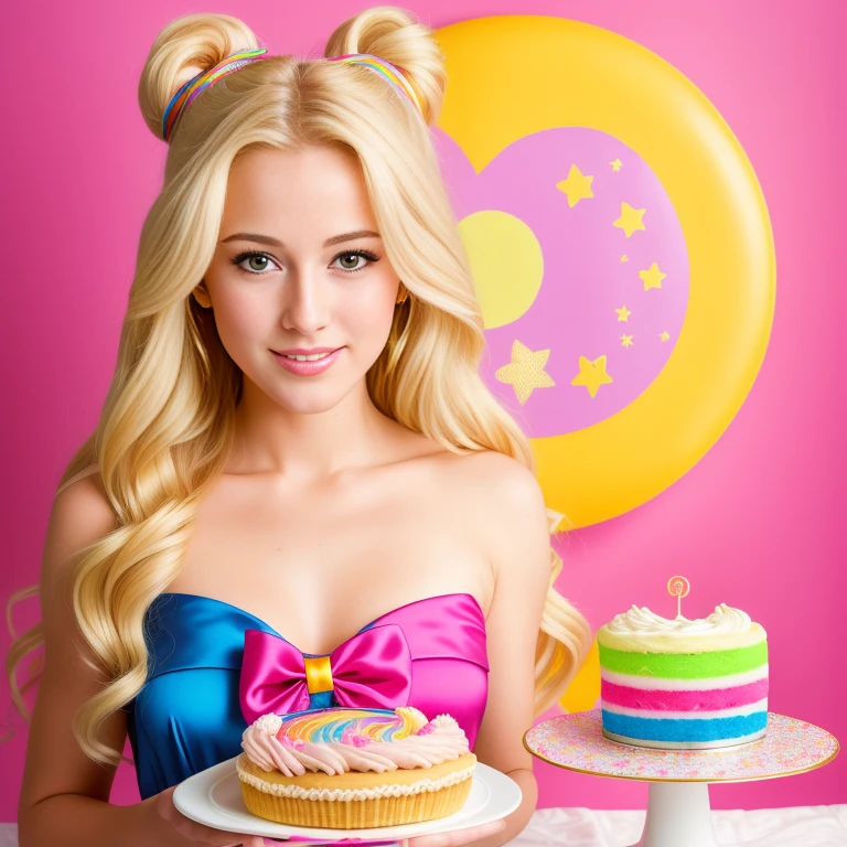 (best quality,4k,8k,high res,masterpiece:1.2),ultra-detailed, photorealistic, flaxen blonde hair,long hair, Mature and beautiful, realistic portrayal:1.2 Sailor Moon eating rainbow cake for her birthday. David Taylor 2000s photography