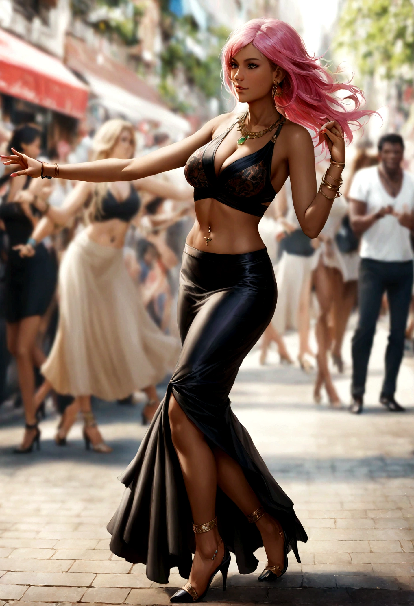 Bellissima,1girl, jewelry, breasts, ((dancing1.4)), dancing in the street, high heels, dark skin, bracelet, navel, earrings, solo focus, anklet, dark-skinned female, midriff, blurry background, long pink hair, necklace, blurry, cleavage, black hair, skirt, realistic, navel piercing