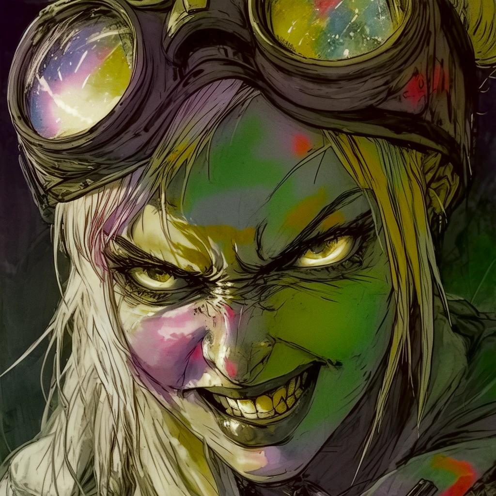 subtle subdued flourishes of warm neon colors, tank girl with snarling smirk, mean expression,
light mask uv rays across face, looking over the top of her goggles with a smug grin, thermal iridescence effect, solar flare reflection, arrogant, assured, confident, hand drawn ink, illustrate minimal sketch, charcoal, watercolor, perfect mastercraft nuance, highly detailed complex illustration, american animation art style, surreal, animated hand drawn cartoon rotoscope, (full roygbiv color) ink expressive illustration, no light source, darkness absurd, with rich color grading, cel shading, warm and unified colors, animated, VHS, glitch, distorted, nostalgia, 90's retro vibe, hyper maximal, strange, hyperrealistic, rotoscope expressive ink bold line hand drawn, in a cinematic style, analog tape, vcr aesthetics, tv, television, hand drawn, minimal, precise, splash page decompressed comic cover art, ink style figure, ((expressive Joelle Jones and "Sean Gordon Murphy" comic drawing)), wordless, cinematic poster, ), morphology anatomy drawn Frederic Delavier musculature anatomical illustration, abyss void black no visibility darkness, full length portrait, colors, bleak muted deep fiery radiant glowing ROYGBIV, (background, pine barrens, entropy, rewilding, magic hour sunset, galaxy stars, cosmos), candid, skeleton, piercing eyes), craftsmanship nuance, (Gerardo Zaffino charcoal), (horror, abstract, surreal, body, cosmic), subliminal orchids, nyctophobia, silhouette, double exposure, image within image,