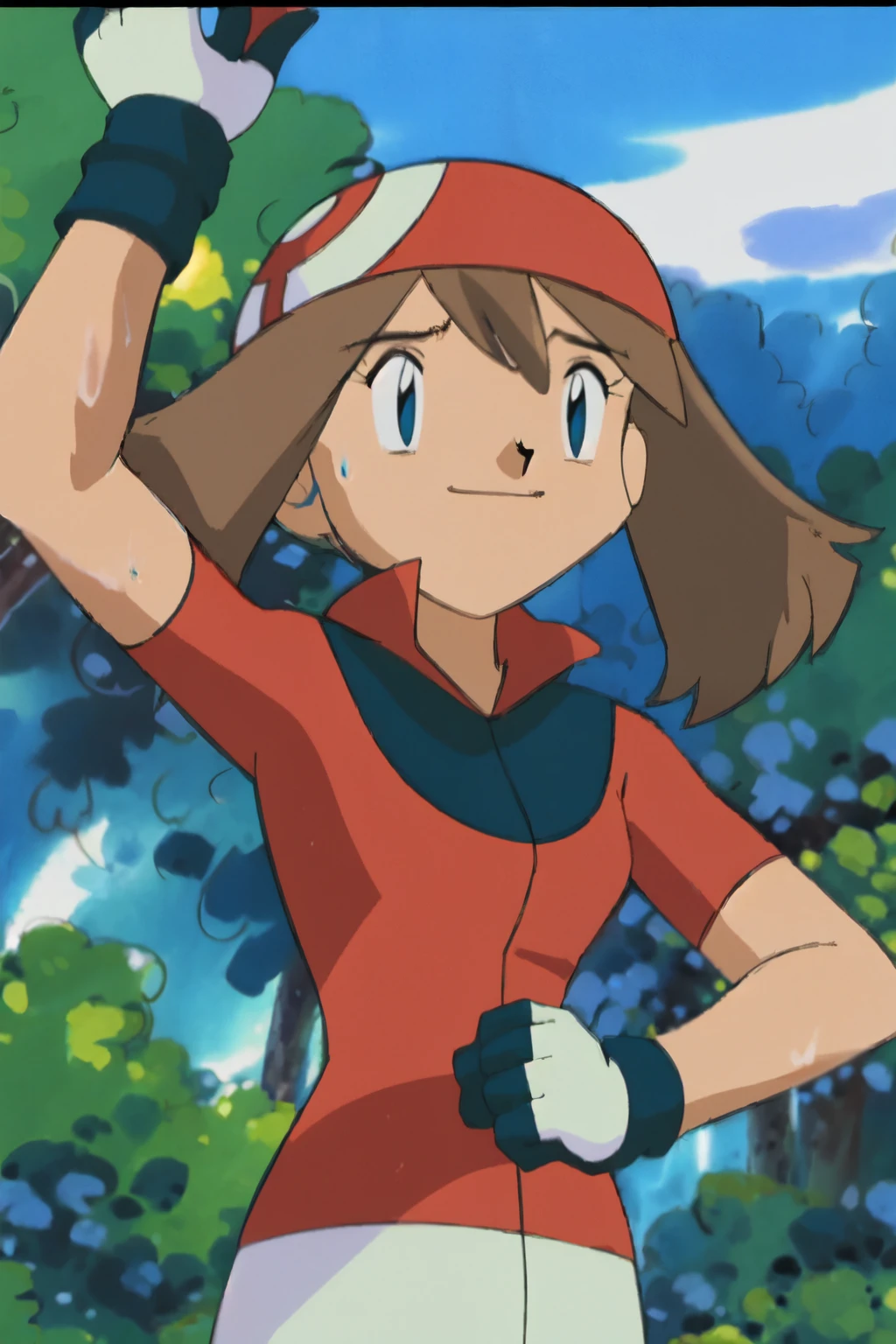 May, sleeveless,red top,sweating,smiling,forest in background, village, blue sky, high quality, masterpiece mature appearance,armpits,sweat,sweaty,sweaty armpits,arms up,showing armpits,awesome armpits,outfit,blackish red arm warmers,maroon arm bands, maroon arm warmers,both arms raised