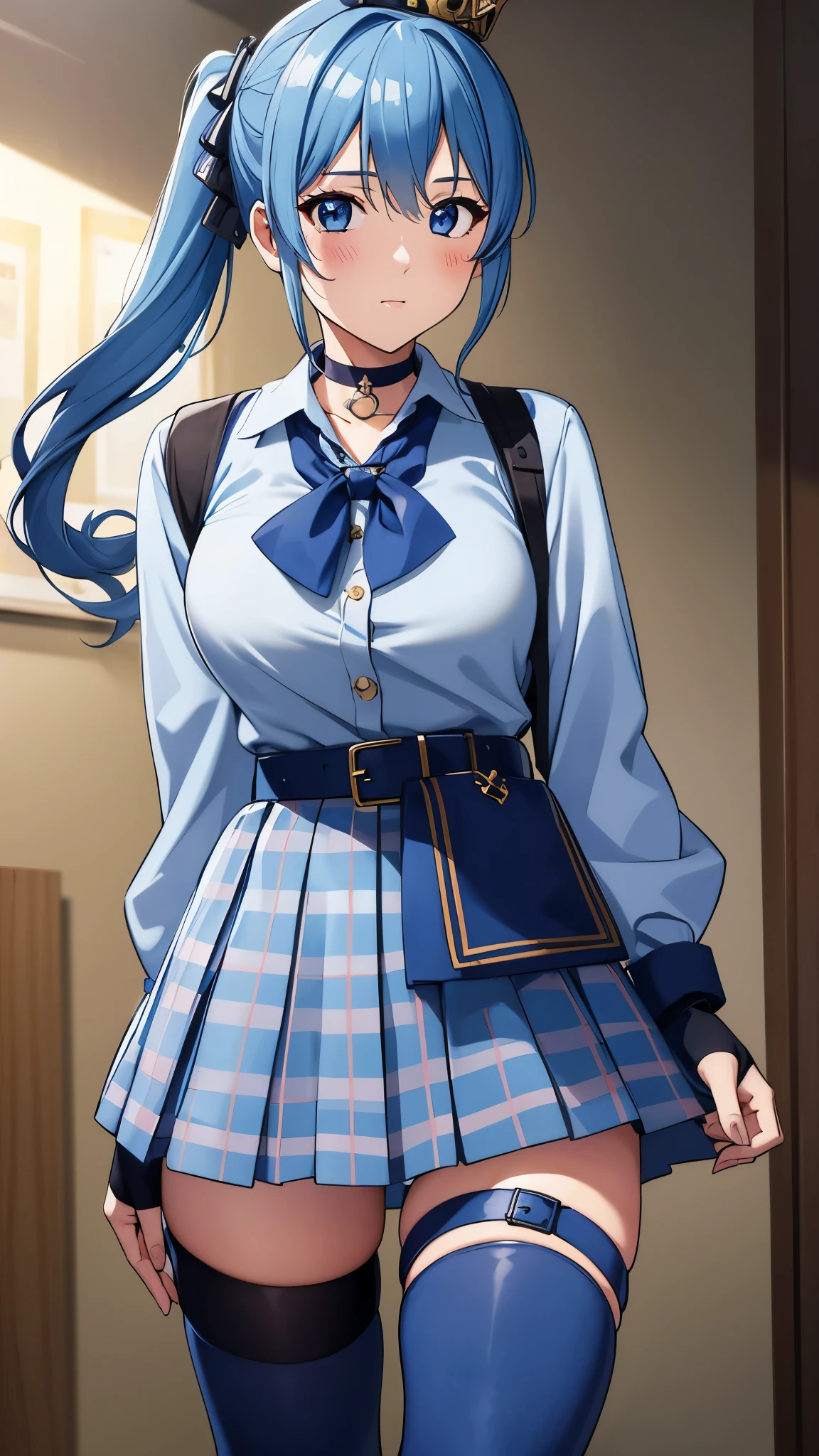 1GIRL, SOLO, SIDE PONYTAIL, HOSHIMACHI SUISEI, FINGERLESS GLOVES, SINGLE THIGHHIGH, JEWELRY, THIGH STRAP, BRACELET, BUTTONS, PLAID DRESS, BLUE CHOKER, BLUE BELT, PLAID SKIRT, MINI CROWN, GREY SKIRT, BLUE ASCOT, LONG SLEEVES, PLAID JACKET、Skirt lift、Blue Panties
