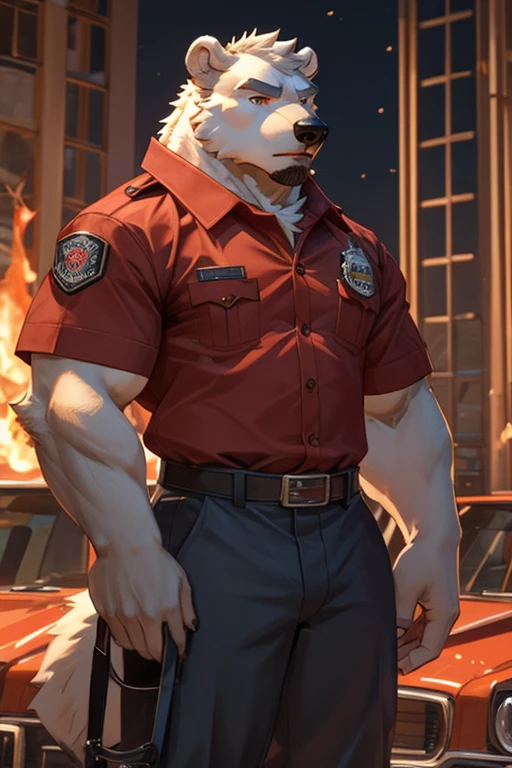 handsome male, polar bear, large strong build,, sassy, dominant body posture, firefighter uniform, ((best quality)), ((masterpiece)), (detailed), short messy fringe,