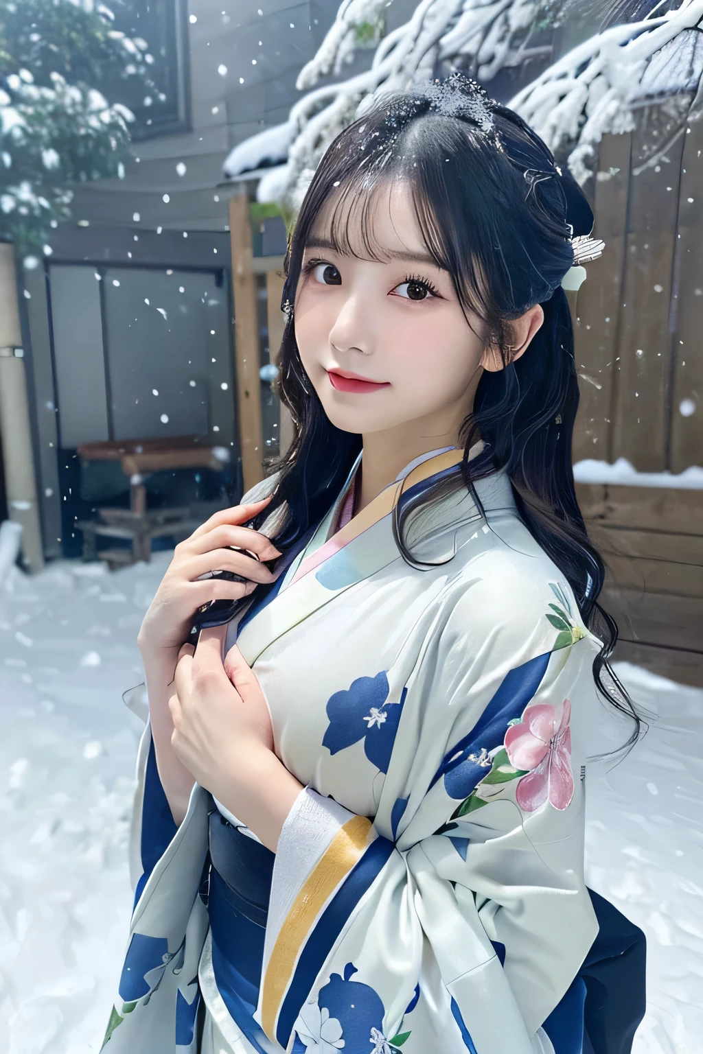 (Kawaii Kimono:1.3)、、(top-quality,masterpiece:1.3,超A high resolution,),(ultra-detailliert,Caustics),(Photorealsitic:1.4,RAW shooting,)Ultra-realistic capture,A highly detailed,high-definition16Kfor human skin、 Skin texture is natural、、The skin looks healthy with an even tone、 Use natural light and color,One Woman,japanes,,kawaii,A dark-haired,Middle hair,(depth of fields、chromatic abberation、、Wide range of lighting、Natural Shading、)、、(Falling snow:1.3)、(Hair swaying in the wind:1.3)、(Snow reflects light:1.3) 、(Large Breasts:1.3)、