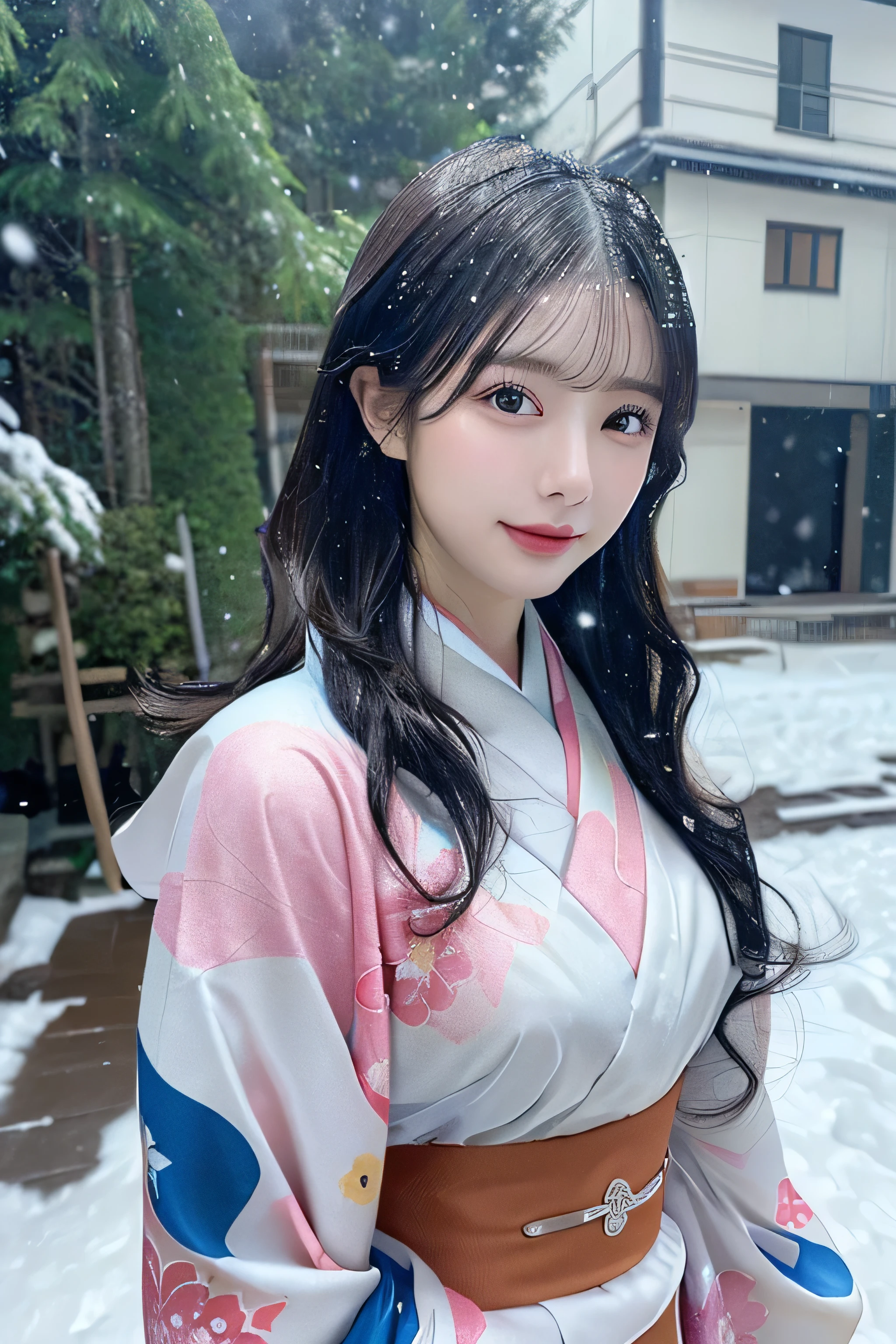 (Kawaii Kimono:1.3)、、(top-quality,masterpiece:1.3,超A high resolution,),(ultra-detailliert,Caustics),(Photorealsitic:1.4,RAW shooting,)Ultra-realistic capture,A highly detailed,high-definition16Kfor human skin、 Skin texture is natural、、The skin looks healthy with an even tone、 Use natural light and color,One Woman,japanes,,kawaii,A dark-haired,Middle hair,(depth of fields、chromatic abberation、、Wide range of lighting、Natural Shading、)、、(Falling snow:1.3)、(Hair swaying in the wind:1.3)、(Snow reflects light:1.3) 、(Large Breasts:1.3)、