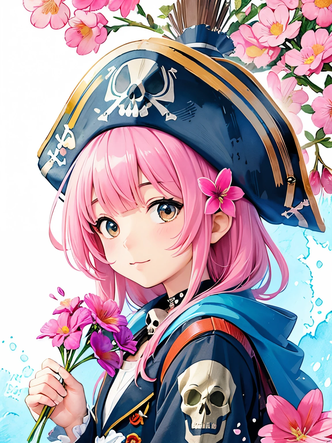 Momoko Sakura style、8K Quality、Intense watercolor, Detailed watercolor art, Watercolor splash, Surreal, avant-garde pop art, Beautiful and expressive paintings, Beautiful artwork illustration, Very colorful tones, wonderful, Cool beauty, highest quality、Official Art, Vector art, Stylish design, (((The most beautiful pirate girl))), (((highest quality))), HDR, ((detailed)), (((Doodle Art)), ((masterpiece)), ((Super detailed)), (((Colorful flowers))),(((skull fashion))),