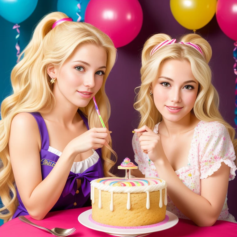 (best quality,4k,8k,high res,masterpiece:1.2),ultra-detailed, photorealistic, flaxen blonde hair,long hair, Mature and beautiful, realistic portrayal:1.2 Sailor Moon eating rainbow cake for her birthday. David Taylor 2000s photography 