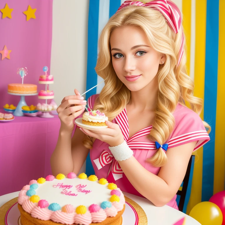 (best quality,4k,8k,high res,masterpiece:1.2),ultra-detailed, photorealistic, flaxen blonde hair,long hair, Mature and beautiful, realistic portrayal:1.2 Sailor Moon eating rainbow cake for her birthday. David Taylor 2000s photography