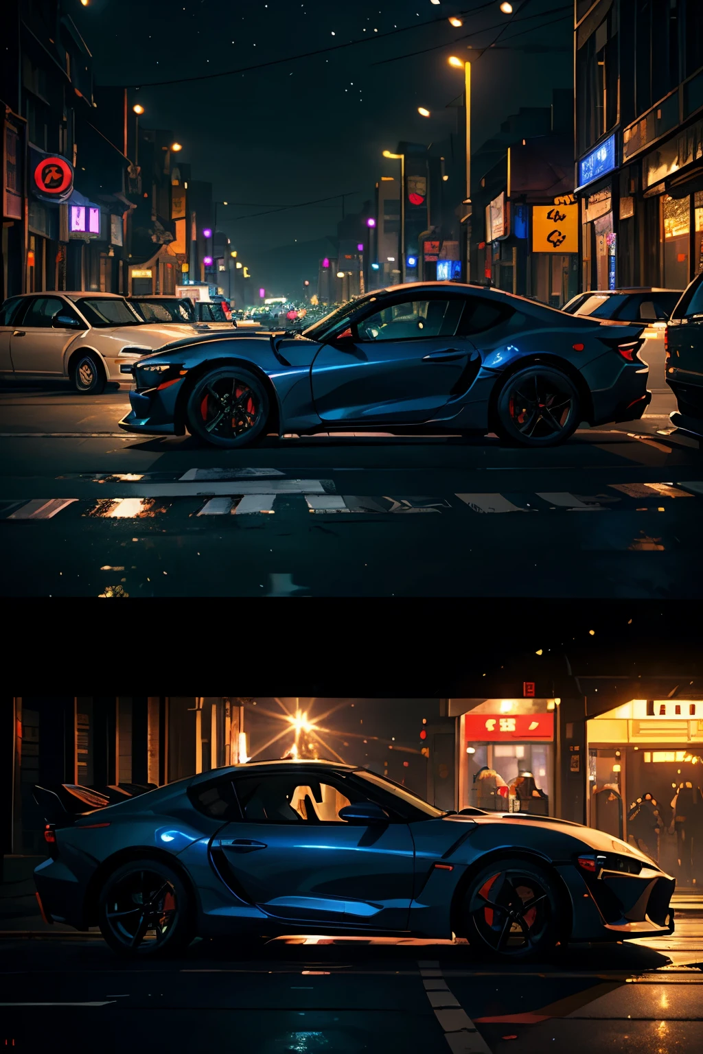 ((Masterpiece, Best Quality, photographrealistic))), (Shiny car surface), (Nighttime, 8K Wallpaper, High resolution), Highly Detailed Car Model, Realistic Reflections, Cinematic Lighting, Physically-based Rendering, Award-winning, Highly Detailed Environmental Elements, Toyota Supra Mark IV, Parked in front of a gas station, (Front View, Side View:1.5), (Nighttime Ambience, Street Lights, Neon Signs), (Full body shot), Shot from the side, (Dusk, Blue Hour), (Detailed Background:1.0), (Highly detailed foreground:1.