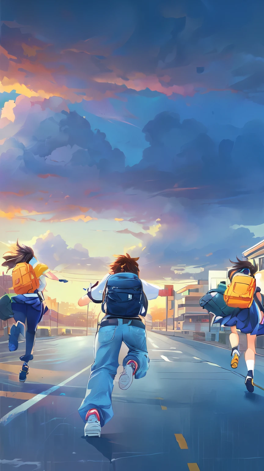 Cartoon character running across the road with a schoolbag, High School Background, Shinkai Makoto Cyril Rolando, in Makoto Shinkai's style, Background artwork, Anime Background, Makoto Shinkai's style, Background Image, colorful Anime Background, Xin Haicheng style, Anime Background, Shinkai Makoto's Artistic Style, 4k comics wallpaper