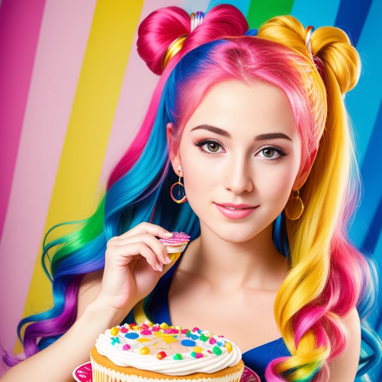 (best quality,4k,8k,high res,masterpiece:1.2),ultra-detailed, photorealistic, rainbow hair,long hair, Mature and beautiful, realistic portrayal:1.2 Sailor Moon eating rainbow cake for her birthday. David Taylor 2000s photography