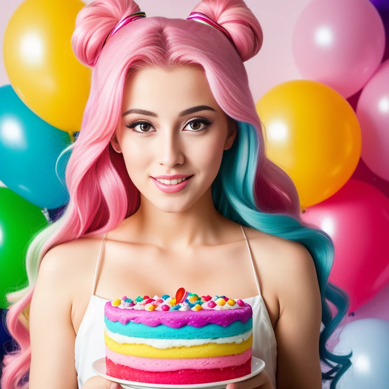 (best quality,4k,8k,high res,masterpiece:1.2),ultra-detailed, photorealistic, rainbow hair,long hair, Mature and beautiful, realistic portrayal:1.2 Sailor Moon eating rainbow cake for her birthday. David Taylor 2000s photography