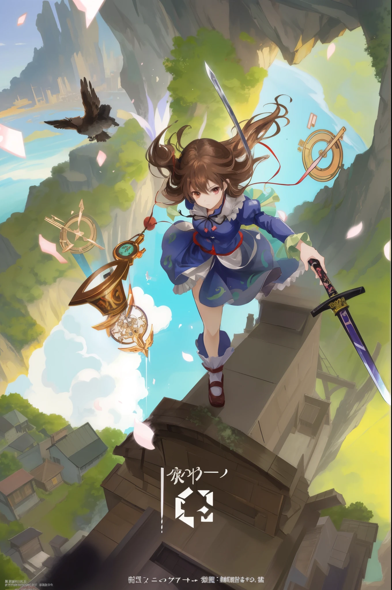 (hair swept bangs:1.3), (brown hair:1.3), a cartoon picture of a girl with a sword and a cat, touhou project official artwork, touhou project, anime cover, touhou, by Kamisaka Sekka, official artwork, anime fantasy illustration, anime fantasy artwork, anime artwork, from touhou, art cover, anime style artwork, official anime artwork, 2. 5 d cgi anime fantasy artworkanime girl on balcony looking at bird flying over city, posuka demizu, soaring above a dense city, anime fantasy illustration, inspired by Takeshi Obata, lan mcque, detailed anime artwork, by Takeshi Obata, anime fantasy artwork, in a flying city, anime in fantasy style, clean detailed anime art a cartoon picture of a girl with a sword and a cat, touhou project official artwork, touhou project, anime cover, touhou, by Kamisaka Sekka, official artwork, anime fantasy illustration, anime fantasy artwork, anime artwork, from touhou, art cover, anime style artwork, official anime artwork, 2. 5 d cgi anime fantasy artwork